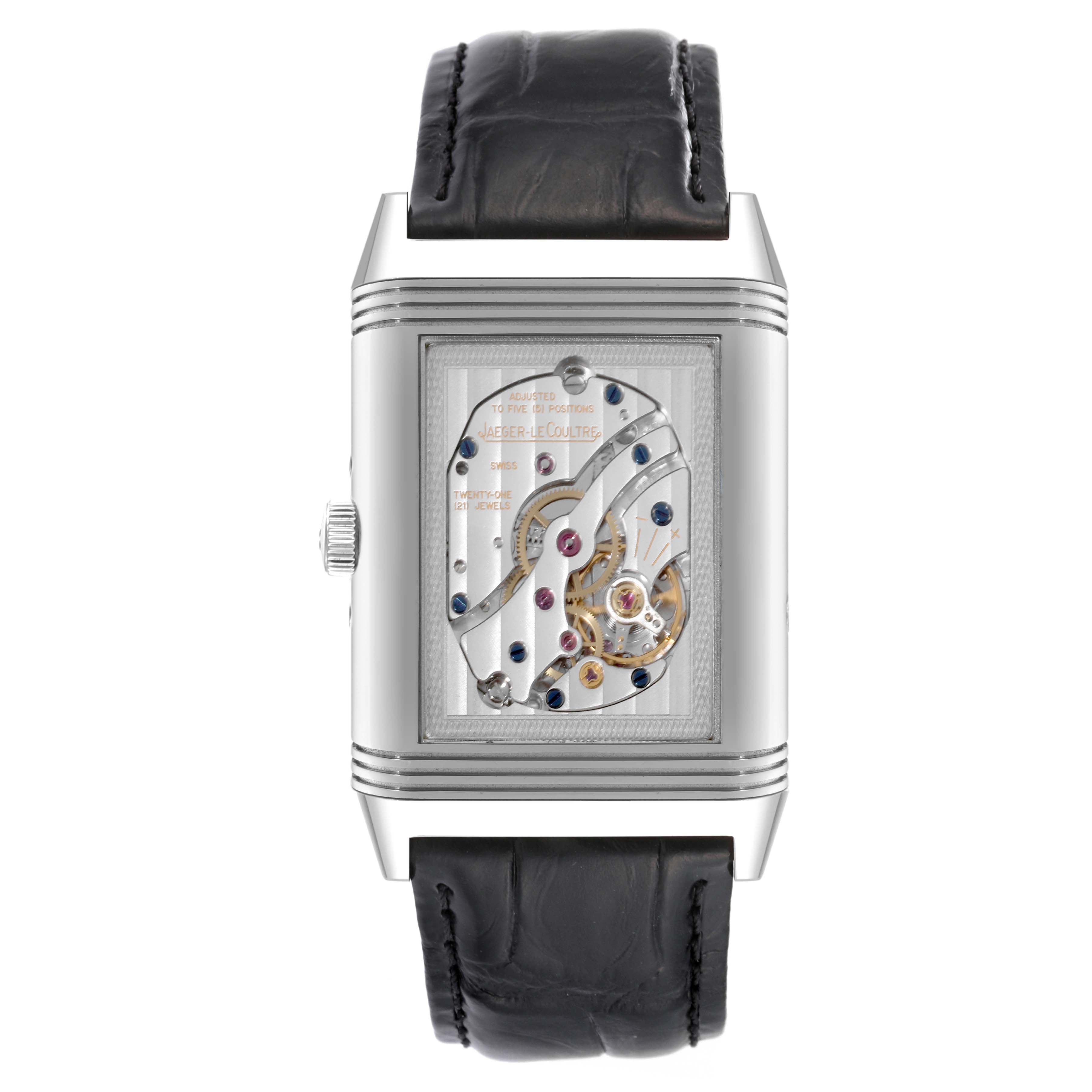 This image shows the back view of a Jaeger LeCoultre Reverso Q3758420 Men
s Stainless Steel Silver Dial Q3758420 Men
s Stainless Steel Silver Dial watch, displaying its exposed mechanism.