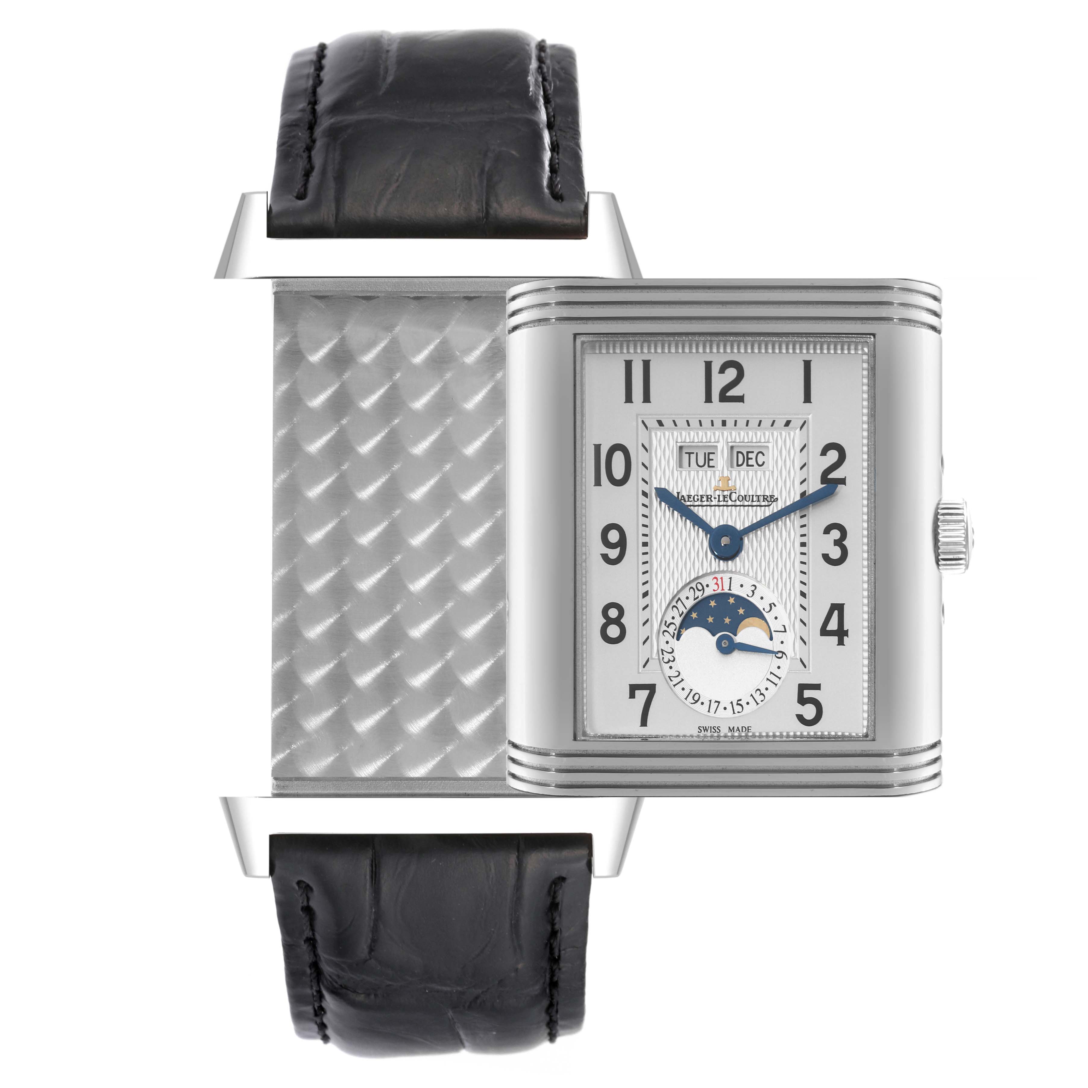 The image shows a front view of the Jaeger LeCoultre Reverso Q3758420 Men
s Stainless Steel Silver Dial Q3758420 Men
s Stainless Steel Silver Dial watch with the case partially flipped to reveal the reverse side.
