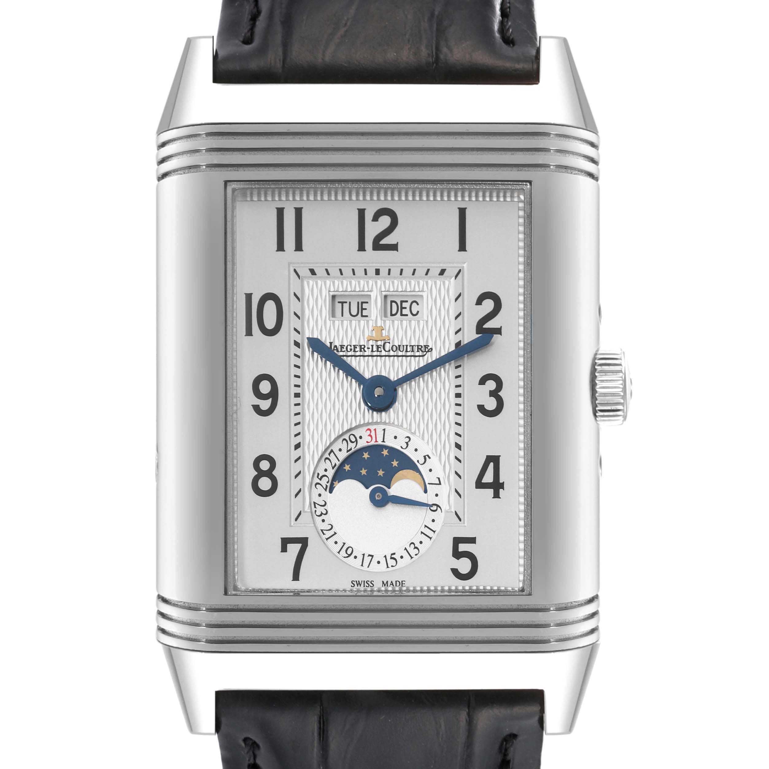 The Jaeger-LeCoultre Reverso watch shown is viewed from the front, displaying the dial, hands, calendar, and moon phase.