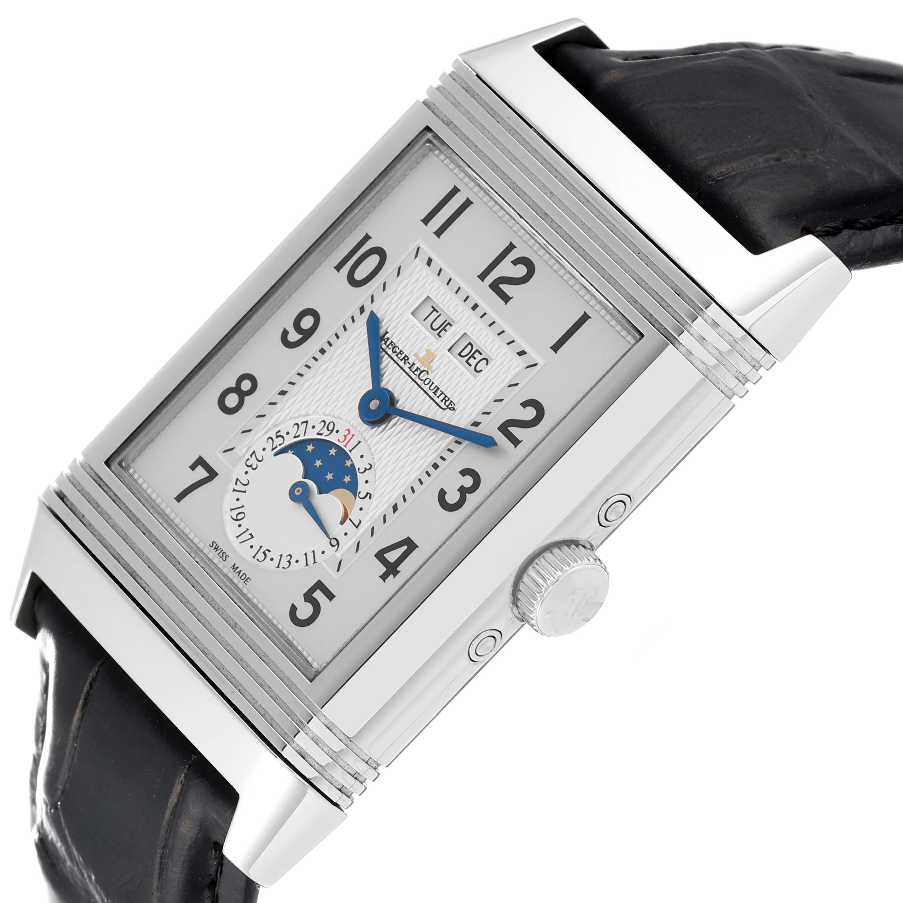 The Jaeger LeCoultre Reverso Q3758420 Men
s Stainless Steel Silver Dial Q3758420 Men
s Stainless Steel Silver Dial watch is shown at a tilted angle, highlighting the dial, crown, and strap.