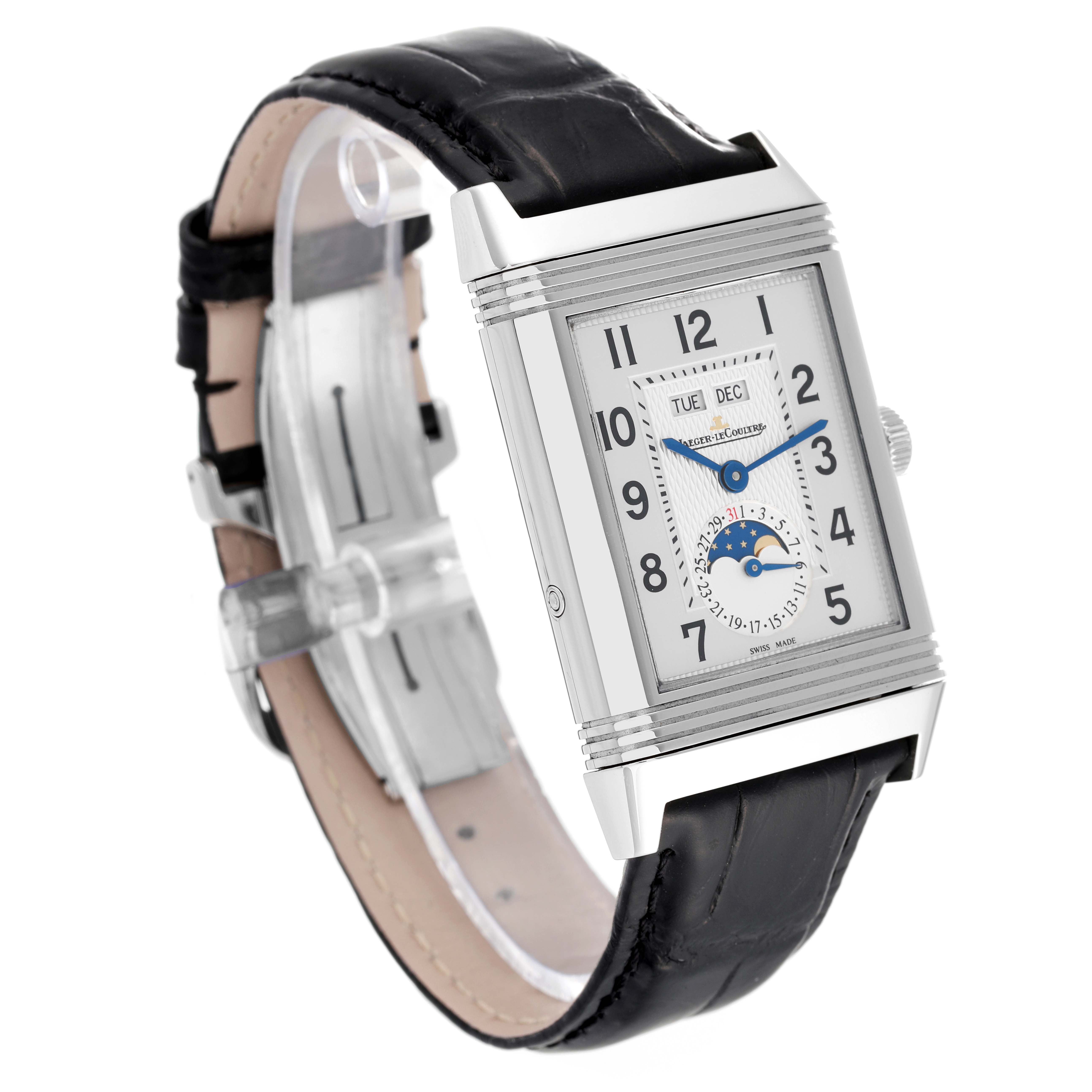 The image shows a Jaeger LeCoultre Reverso Q3758420 Men
s Stainless Steel Silver Dial Q3758420 Men
s Stainless Steel Silver Dial watch angled to display the face, side, and part of the strap.