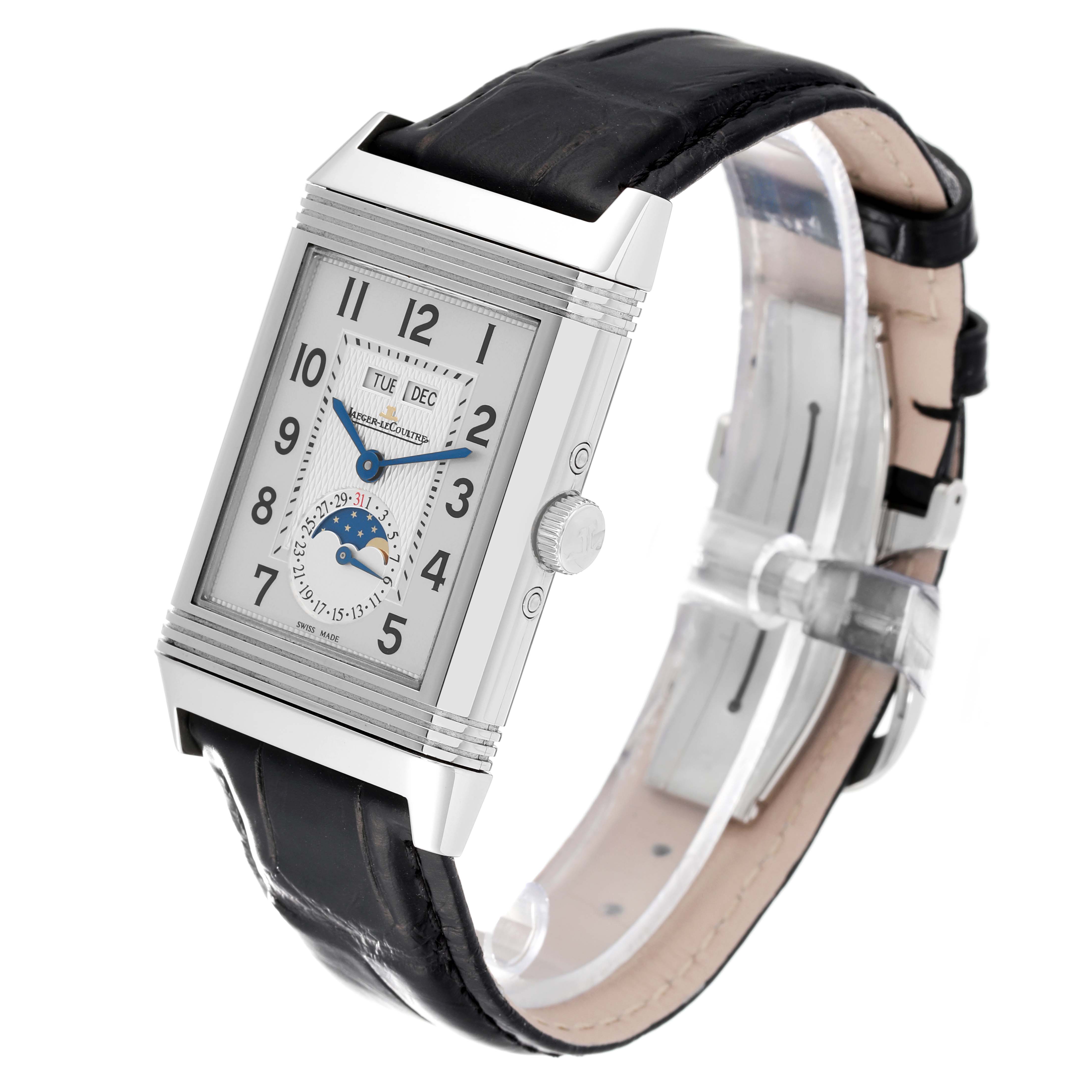 The image shows a Jaeger LeCoultre Reverso Q3758420 Men
s Stainless Steel Silver Dial Q3758420 Men
s Stainless Steel Silver Dial watch at a three-quarter angle, highlighting its rectangular face, strap, and side crown.