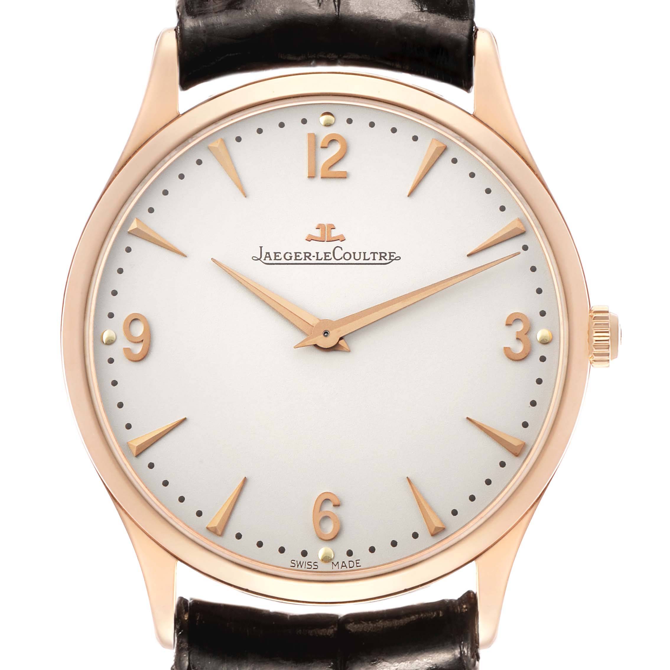 The Jaeger LeCoultre Master Q1342420 Men's Rose Gold Beige Dial watch is shown from a front angle, displaying the dial, hands, and part of the strap.