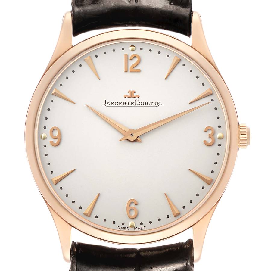 The Jaeger LeCoultre Master Q1342420 Men's Rose Gold Beige Dial watch is shown from a front angle, displaying the dial, hands, and part of the strap.