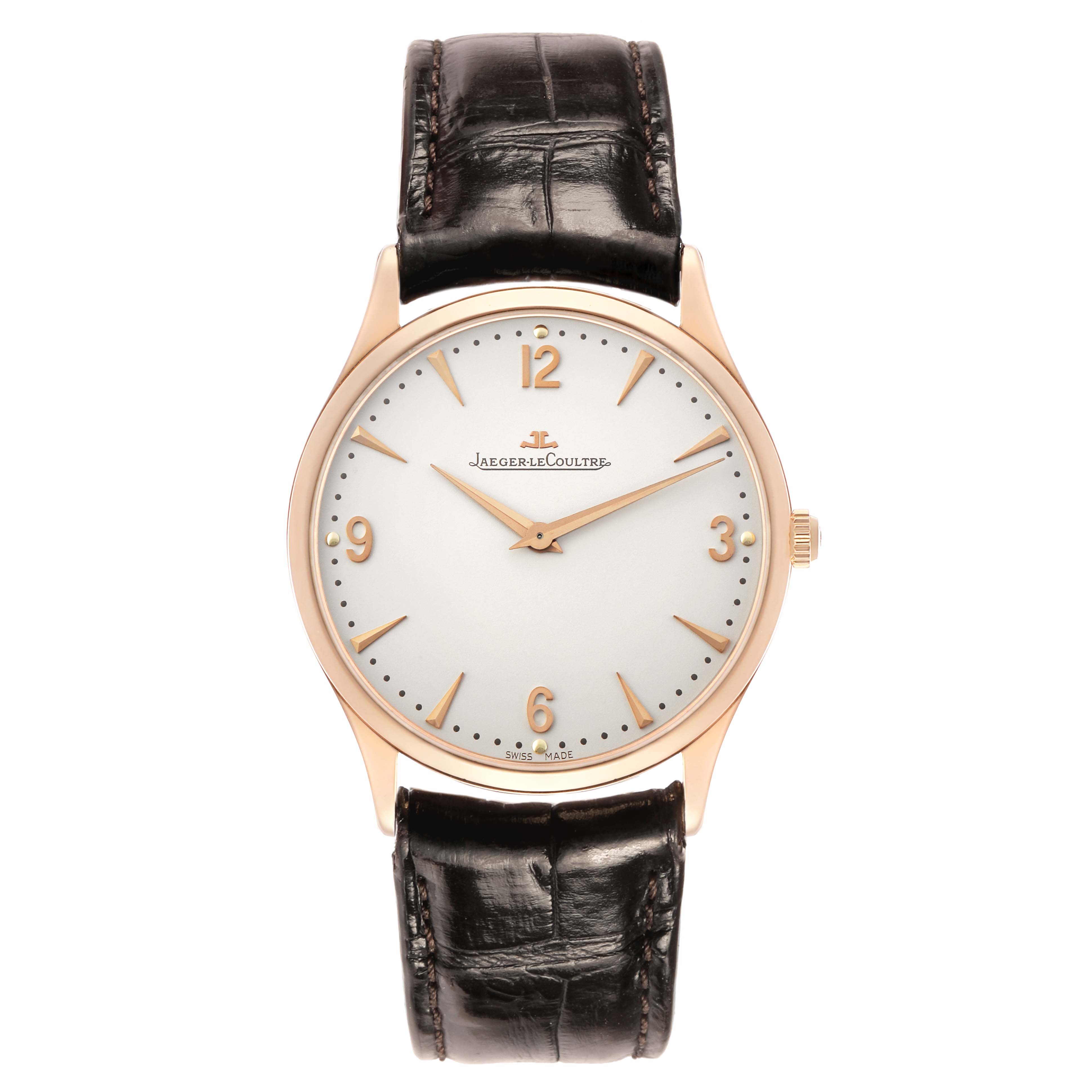 The Jaeger LeCoultre Master Q1342420 Men's Rose Gold Beige Dial watch is shown from a front angle, displaying the face, hour markers, hands, and strap.