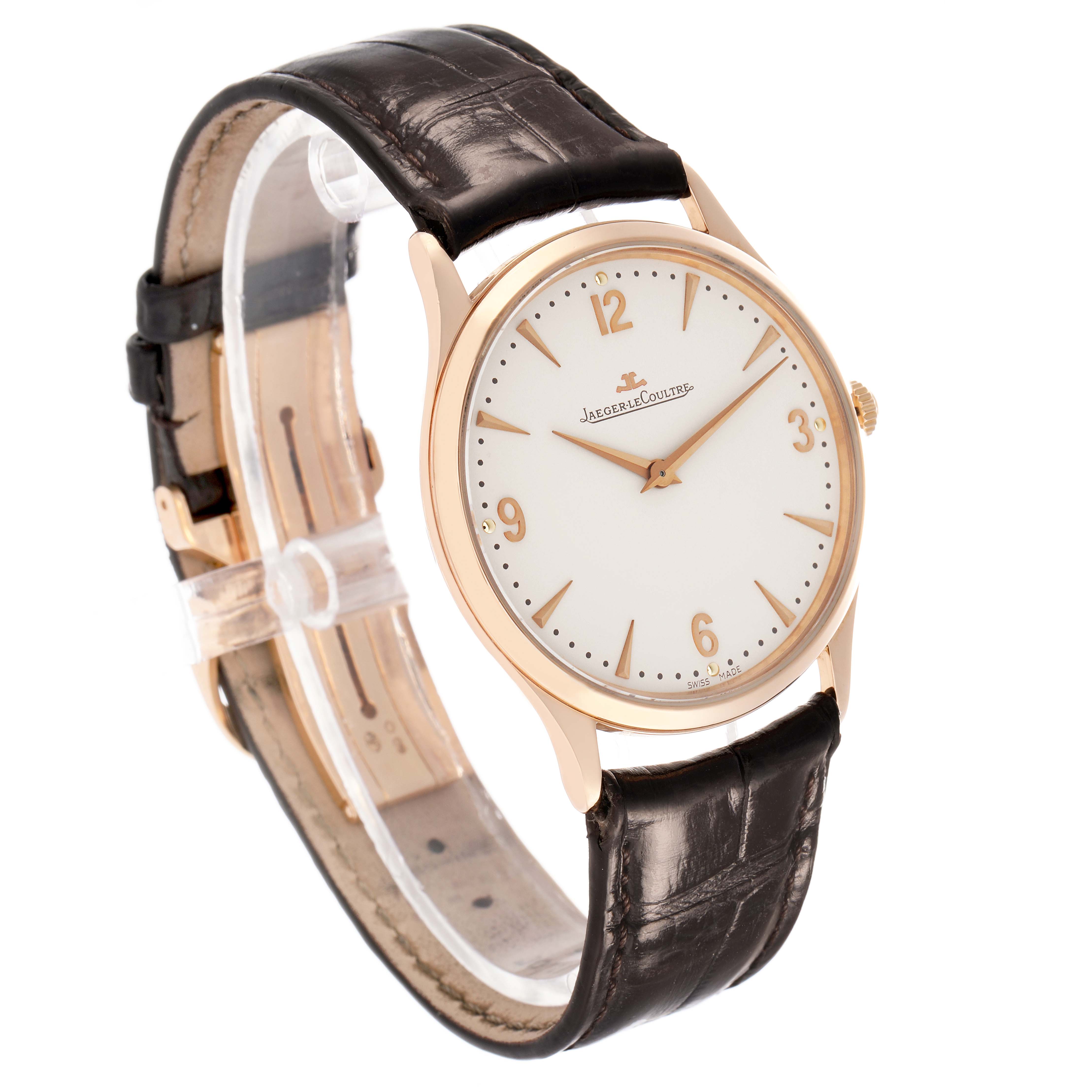 The Jaeger-LeCoultre Master watch is shown at a three-quarter angle, displaying the face, case, and full leather strap.