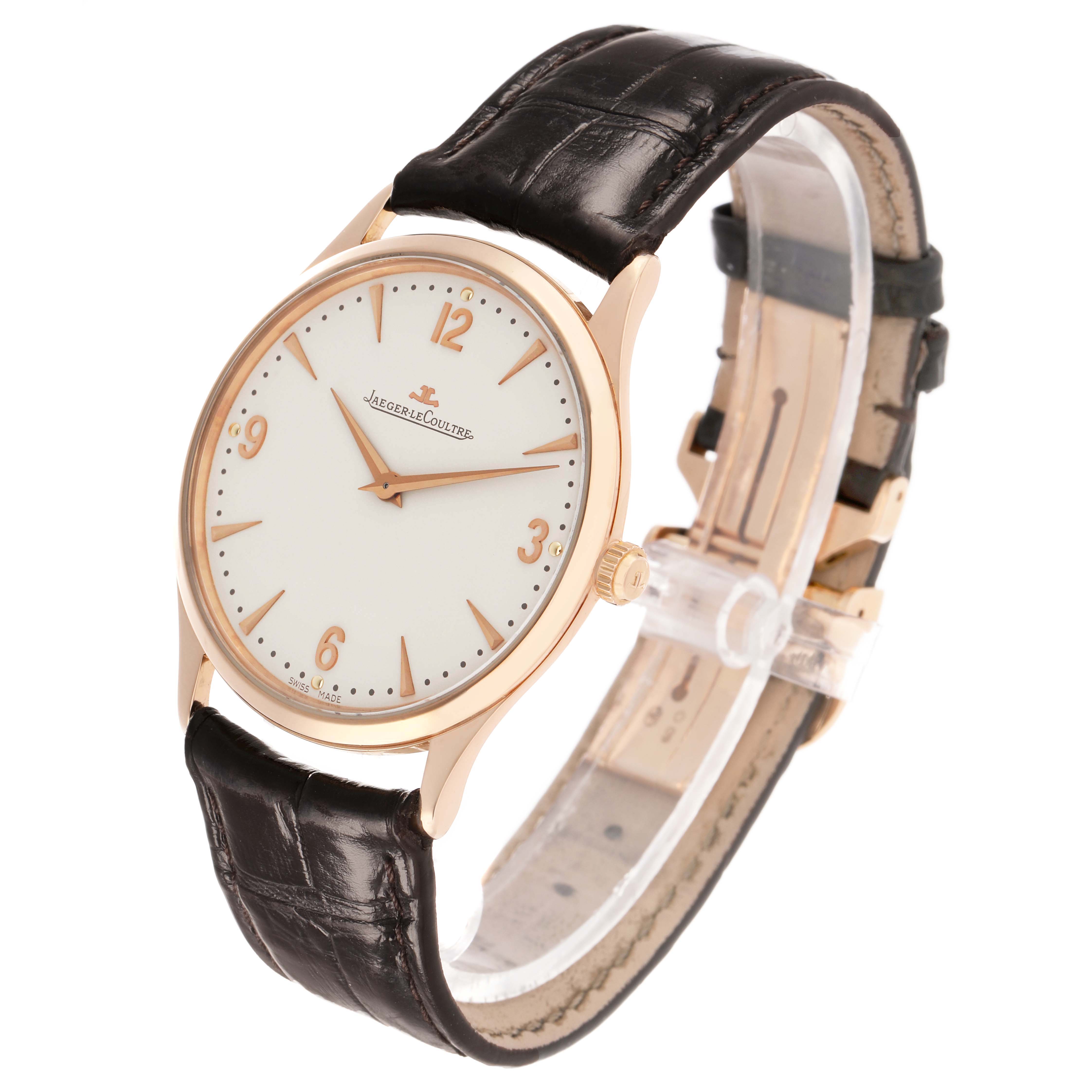 The Jaeger-LeCoultre Master model is shown at an angle, displaying the face, case, crown, and the leather strap.