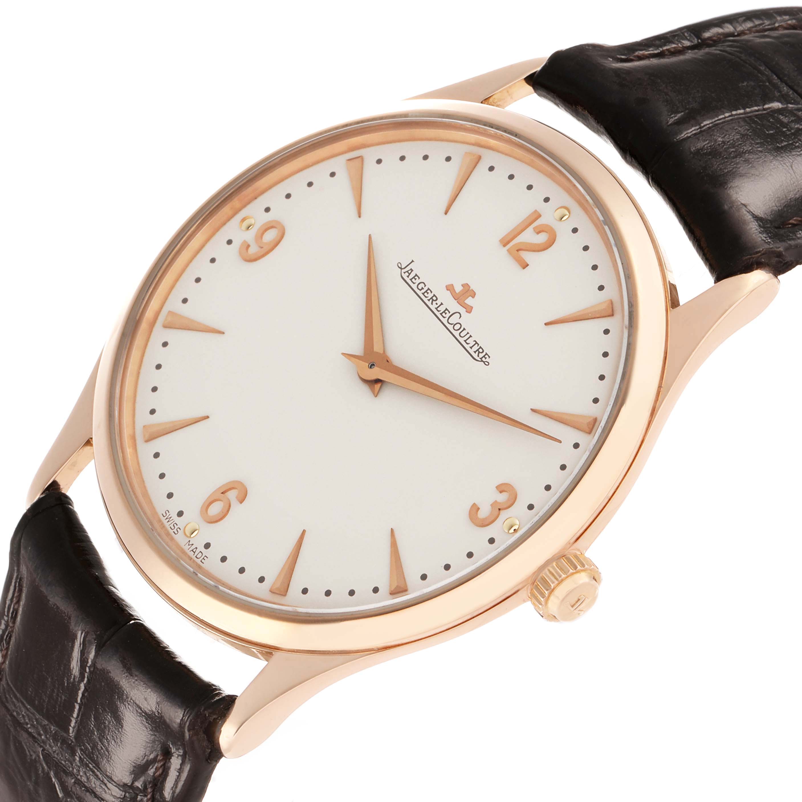 The Jaeger LeCoultre Master Q1342420 Men's Rose Gold Beige Dial watch is shown at an angled side view, revealing the face, case, and part of the black strap.