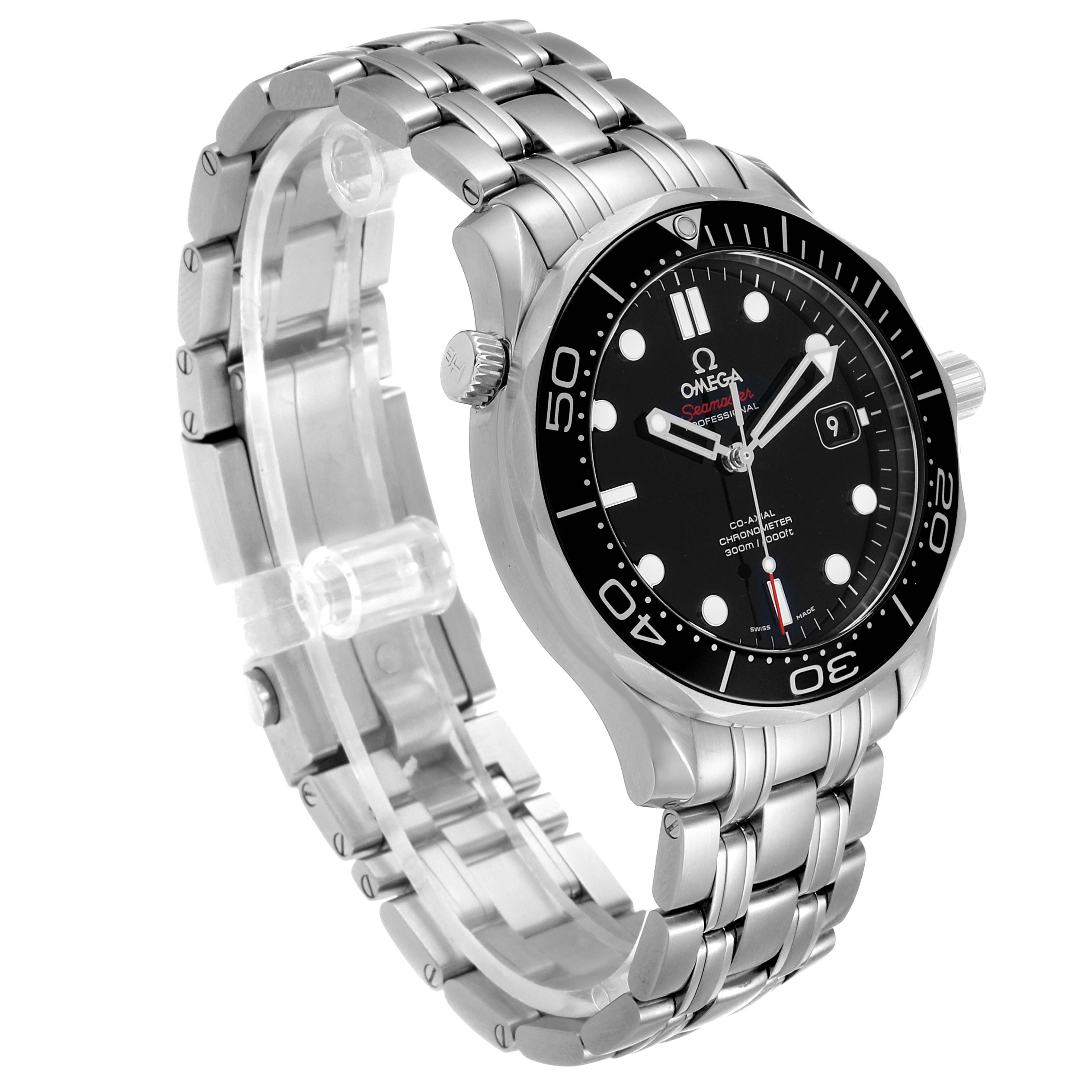 The Omega Seamaster 212.30.41.20.01.003 Men
s Stainless Steel Black Dial 212.30.41.20.01.003 Men
s Stainless Steel Black Dial watch is shown from a three-quarter angle, displaying the face, bezel, crown, and bracelet.