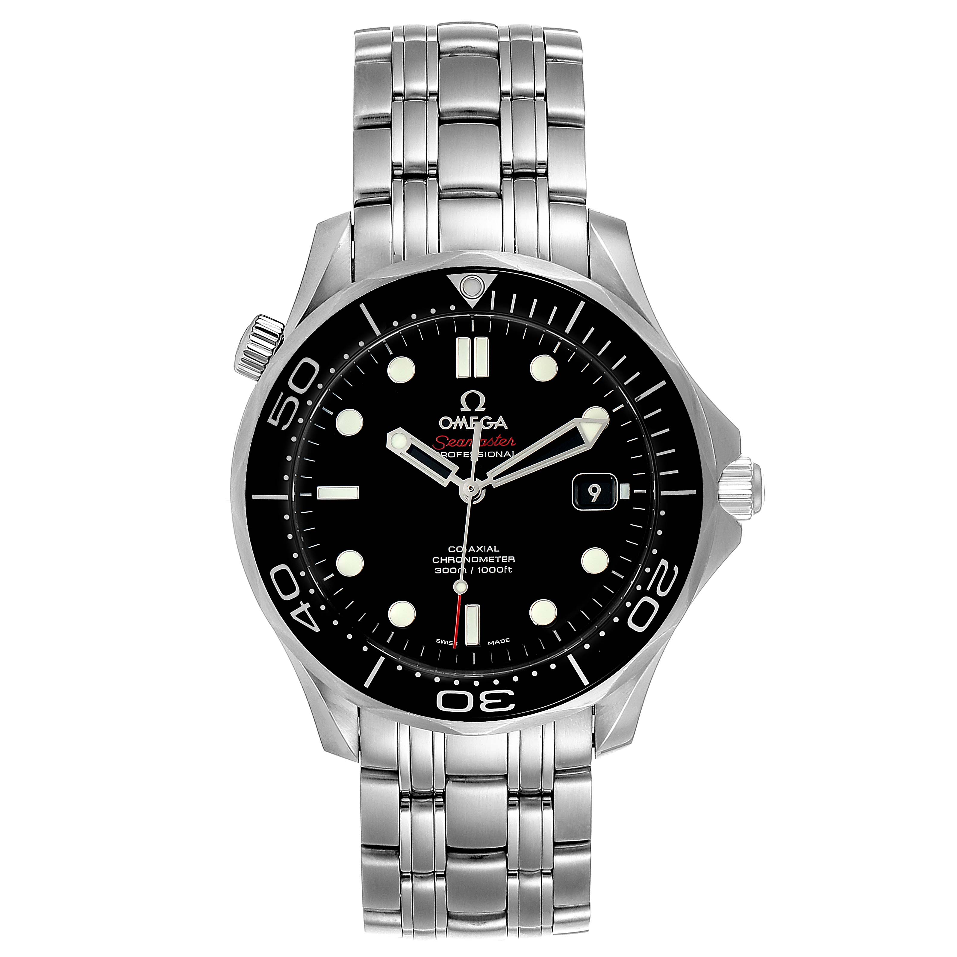 This Omega Seamaster 212.30.41.20.01.003 Men
s Stainless Steel Black Dial 212.30.41.20.01.003 Men
s Stainless Steel Black Dial watch is shown from a front angle, displaying the face, bezel, crown, and stainless steel bracelet.