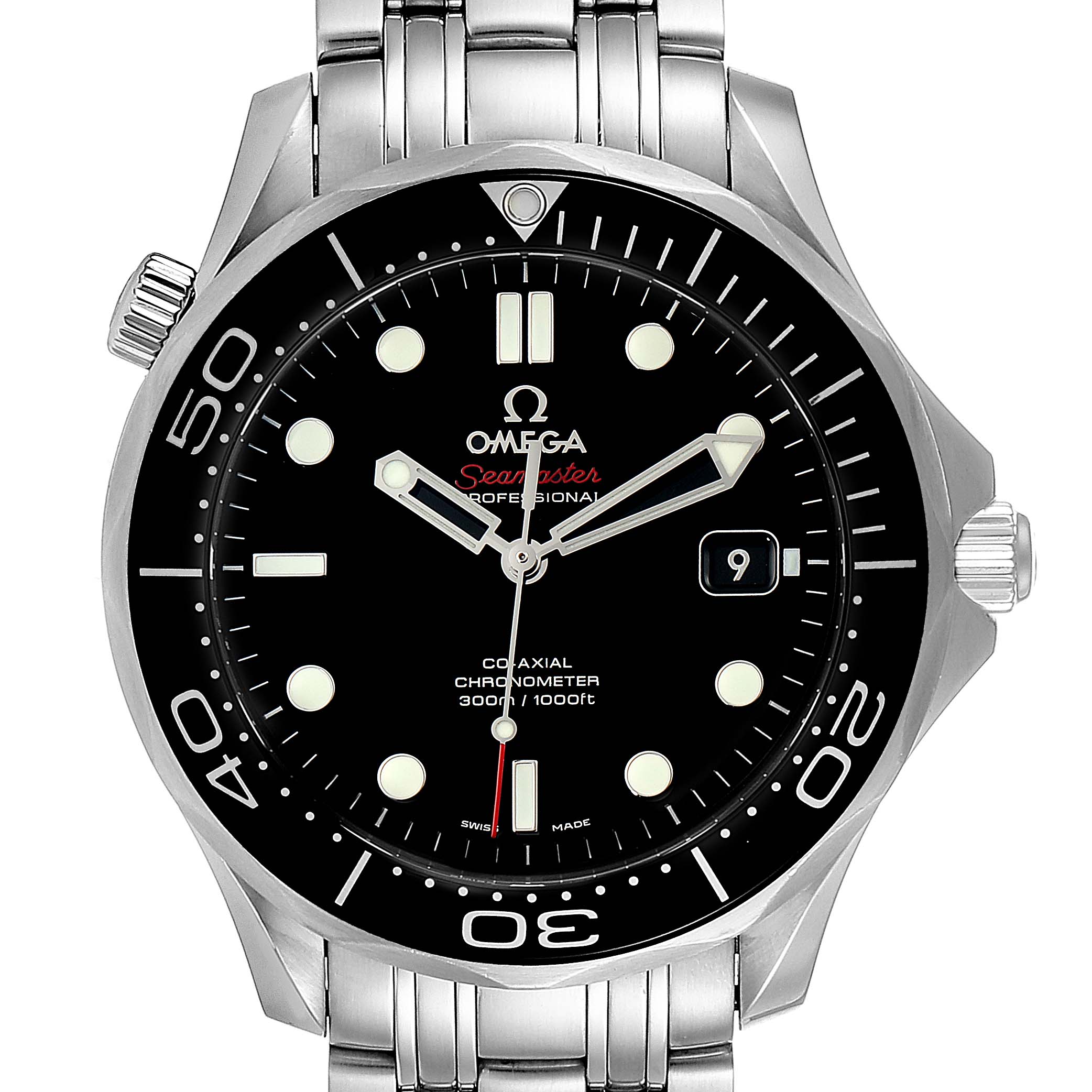 This Omega Seamaster 212.30.41.20.01.003 Men
s Stainless Steel Black Dial 212.30.41.20.01.003 Men
s Stainless Steel Black Dial watch is shown from the front, highlighting the dial, bezel, and bracelet.