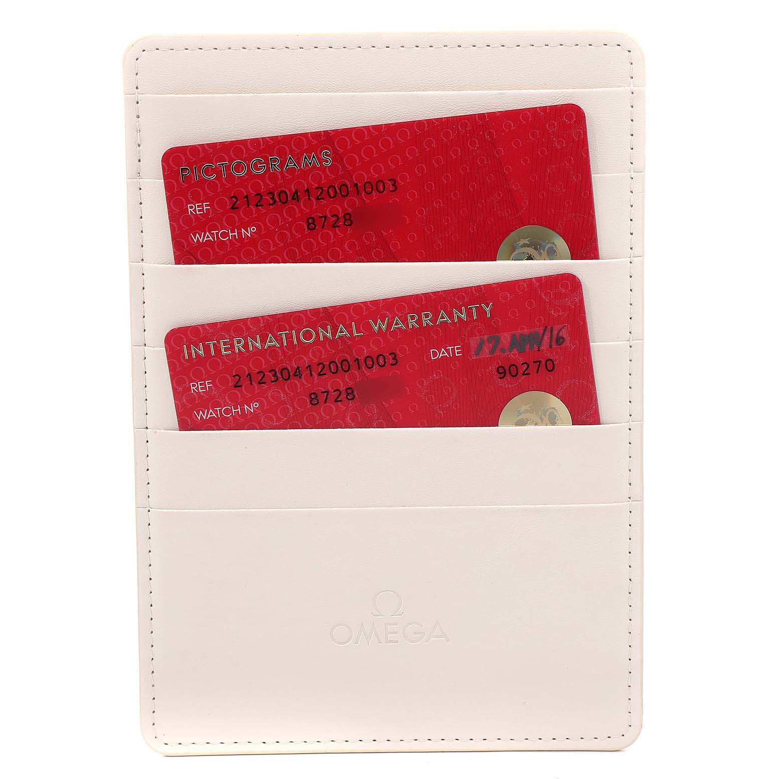 The image shows two red cards in a white holder, displaying the international warranty and pictograms for the Omega Seamaster 212.30.41.20.01.003 Men
s Stainless Steel Black Dial 212.30.41.20.01.003 Men
s Stainless Steel Black Dial watch.