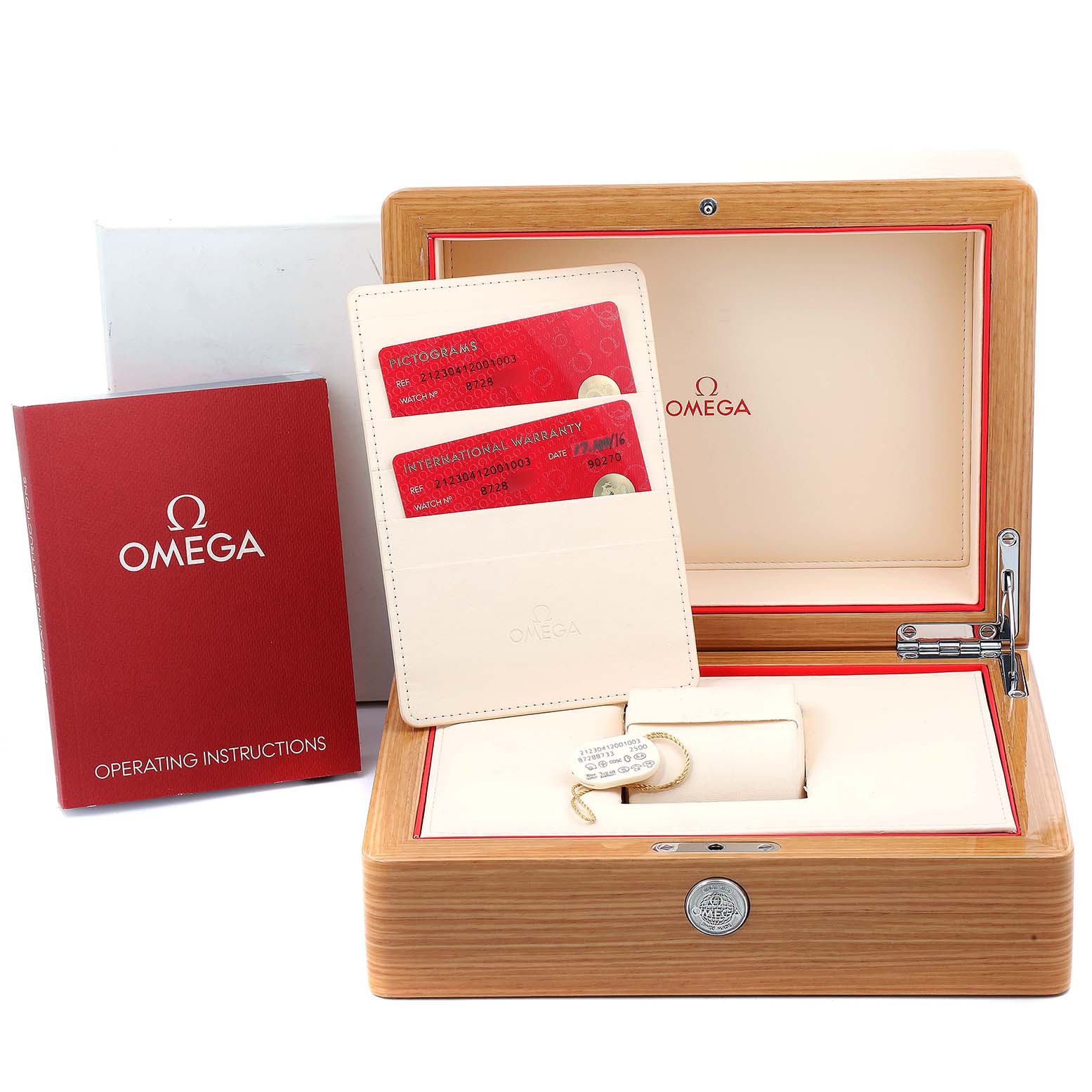 The image shows an Omega Seamaster 212.30.41.20.01.003 Men
s Stainless Steel Black Dial 212.30.41.20.01.003 Men
s Stainless Steel Black Dial watch box, warranty cards, and operating instructions at a front angle.