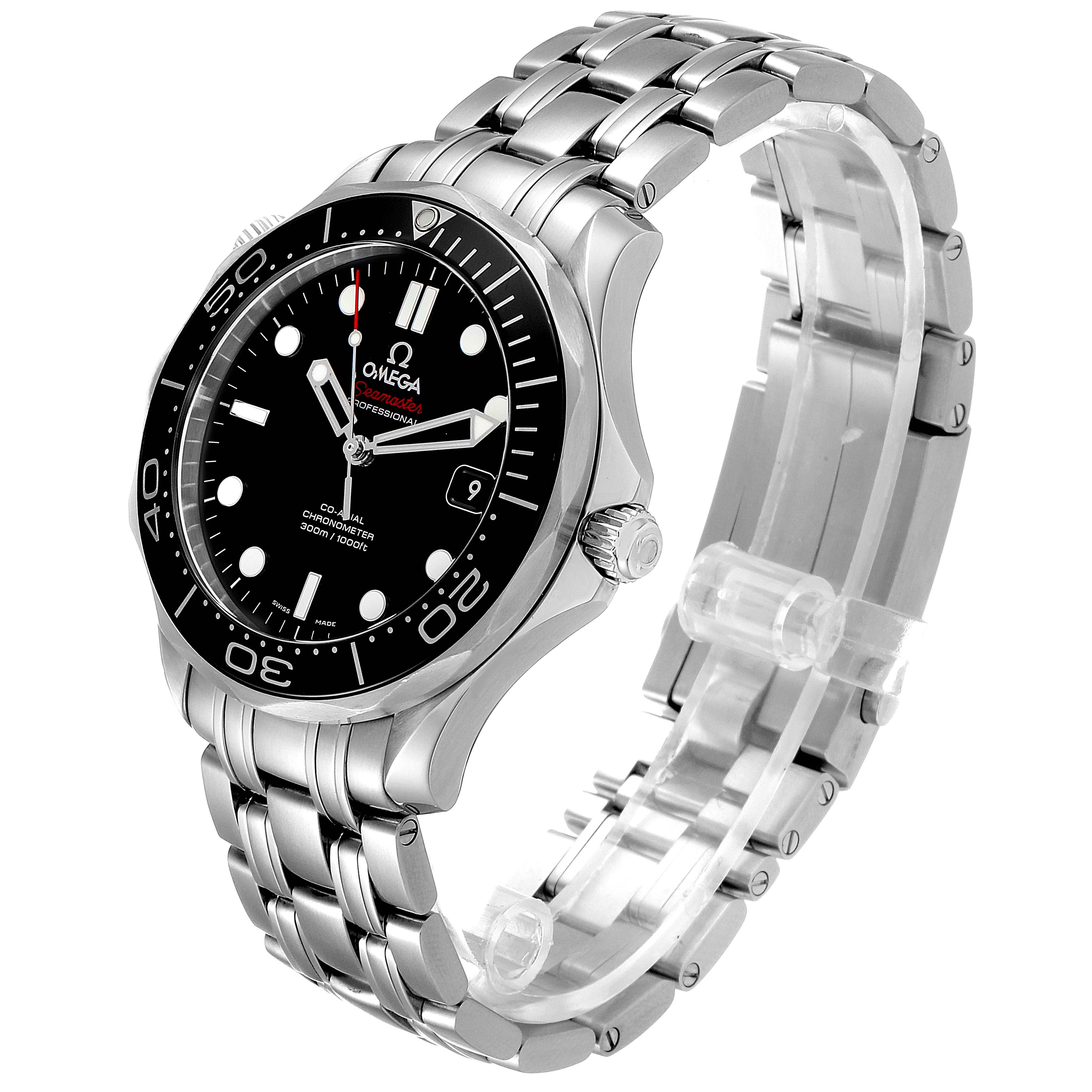 The image shows a side and front angle of the Omega Seamaster 212.30.41.20.01.003 Men
s Stainless Steel Black Dial 212.30.41.20.01.003 Men
s Stainless Steel Black Dial watch, highlighting its face, bezel, crown, and bracelet.