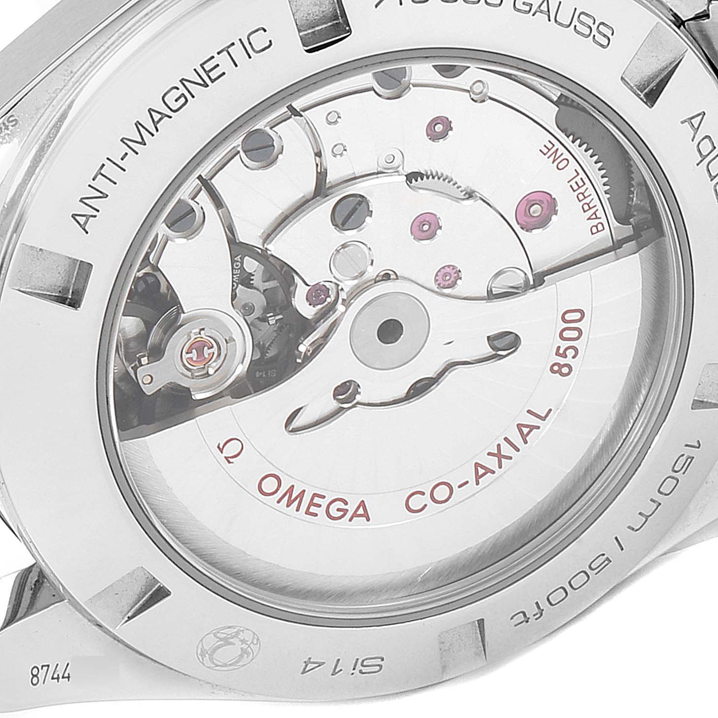 The image shows the back view of the Omega Aqua Terra 231.10.42.21.02.004 Men
s Stainless Steel Silver Dial 231.10.42.21.02.004 Men
s Stainless Steel Silver Dial watch, highlighting its Co-Axial movement.