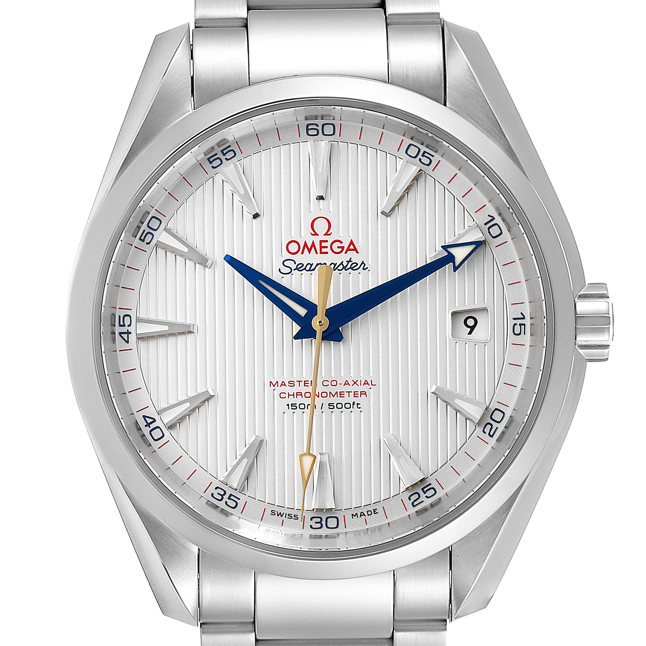 The image shows a front view of the Omega Aqua Terra 231.10.42.21.02.004 Men
s Stainless Steel Silver Dial 231.10.42.21.02.004 Men
s Stainless Steel Silver Dial watch, highlighting its dial, hands, crown, and bracelet.