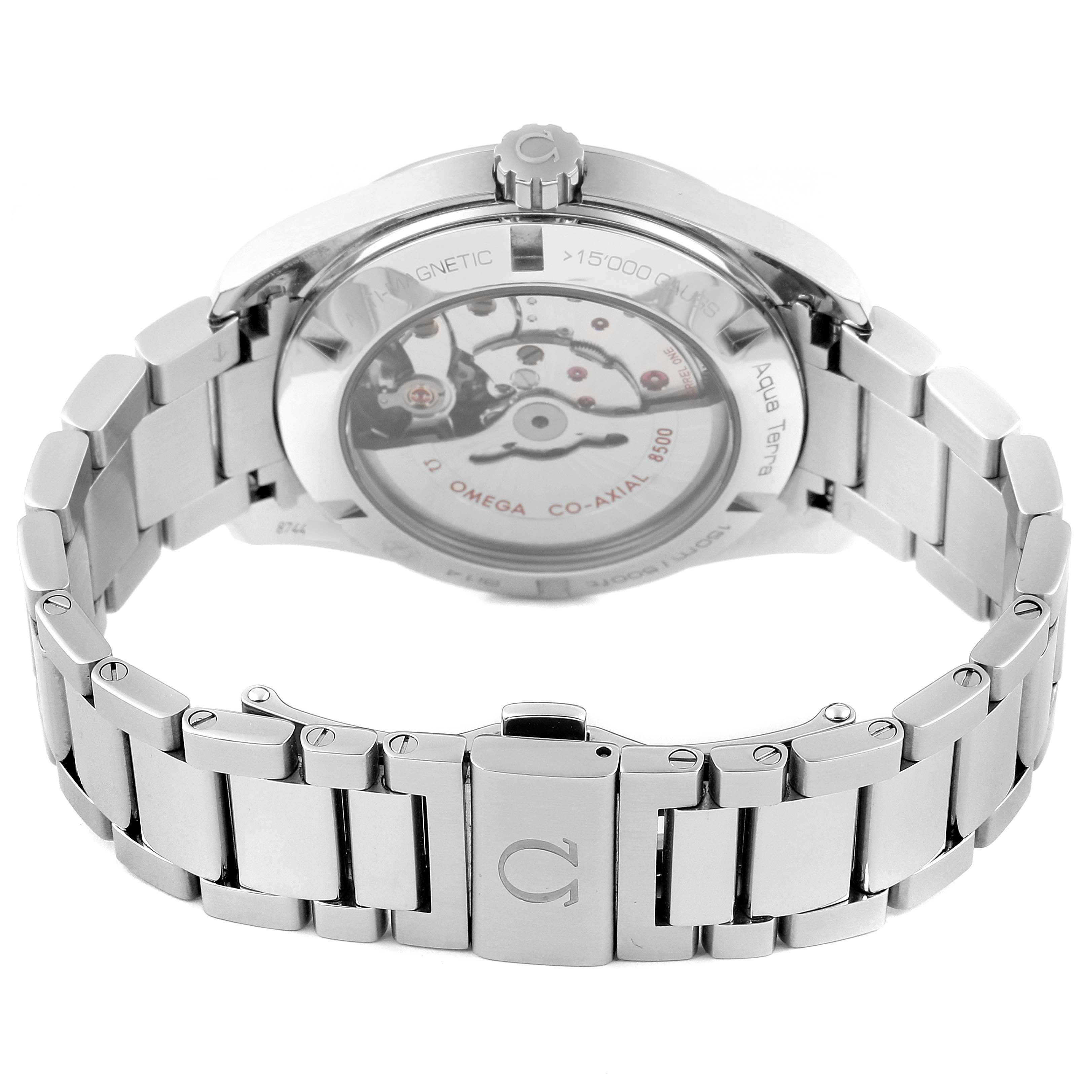 The image displays the Omega Aqua Terra 231.10.42.21.02.004 Men
s Stainless Steel Silver Dial 231.10.42.21.02.004 Men
s Stainless Steel Silver Dial watch from the back, highlighting its open case back and metal bracelet.