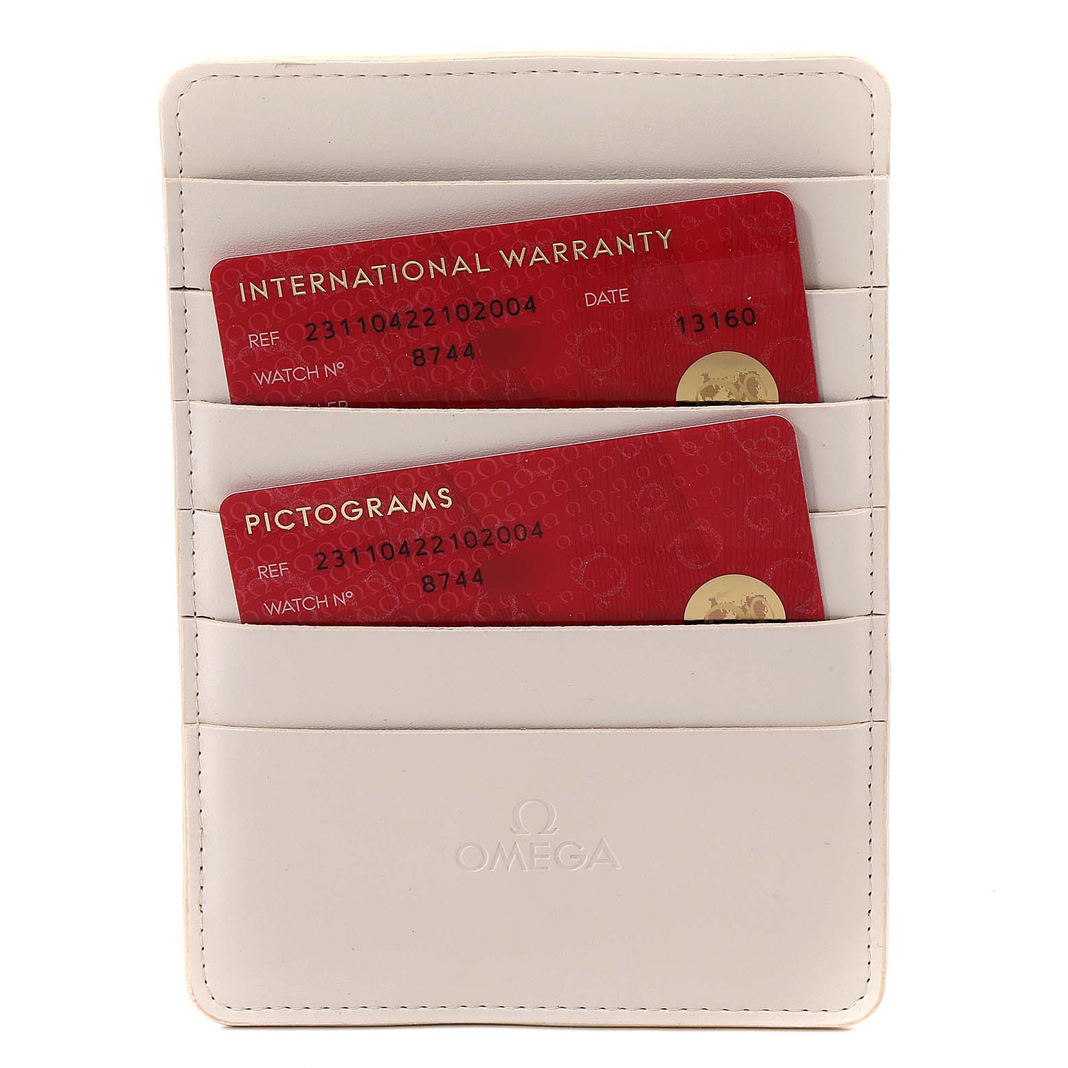 The image shows warranty and pictogram cards for the Omega Aqua Terra 231.10.42.21.02.004 Men
s Stainless Steel Silver Dial 231.10.42.21.02.004 Men
s Stainless Steel Silver Dial model in a white Omega cardholder.