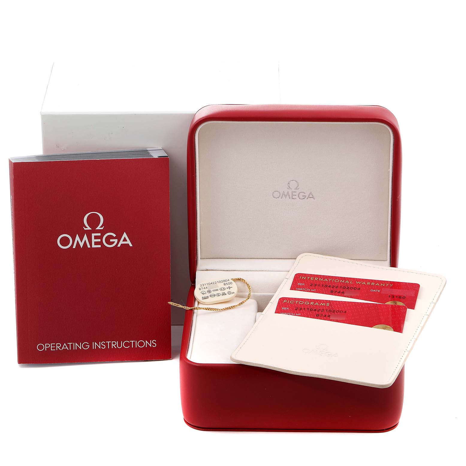 The image shows the packaging and accessories for the Omega Aqua Terra 231.10.42.21.02.004 Men
s Stainless Steel Silver Dial 231.10.42.21.02.004 Men
s Stainless Steel Silver Dial watch, including the box, warranty cards, and operating instructions.