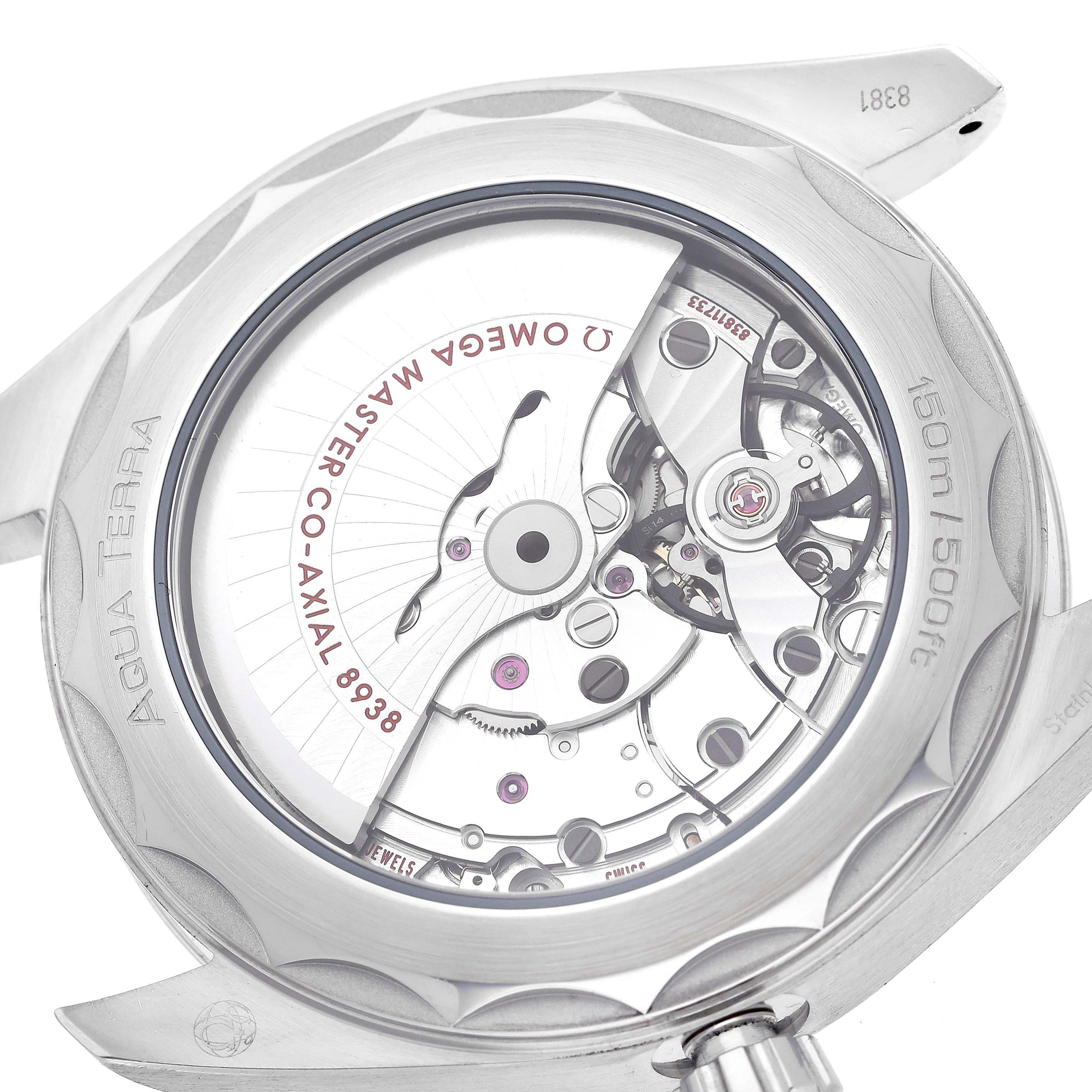 The image shows the back view of an Omega Aqua Terra 220.10.43.22.03.001 Men
s Stainless Steel Blue Dial 220.10.43.22.03.001 Men
s Stainless Steel Blue Dial watch, highlighting its Master Co-Axial 8938 movement.