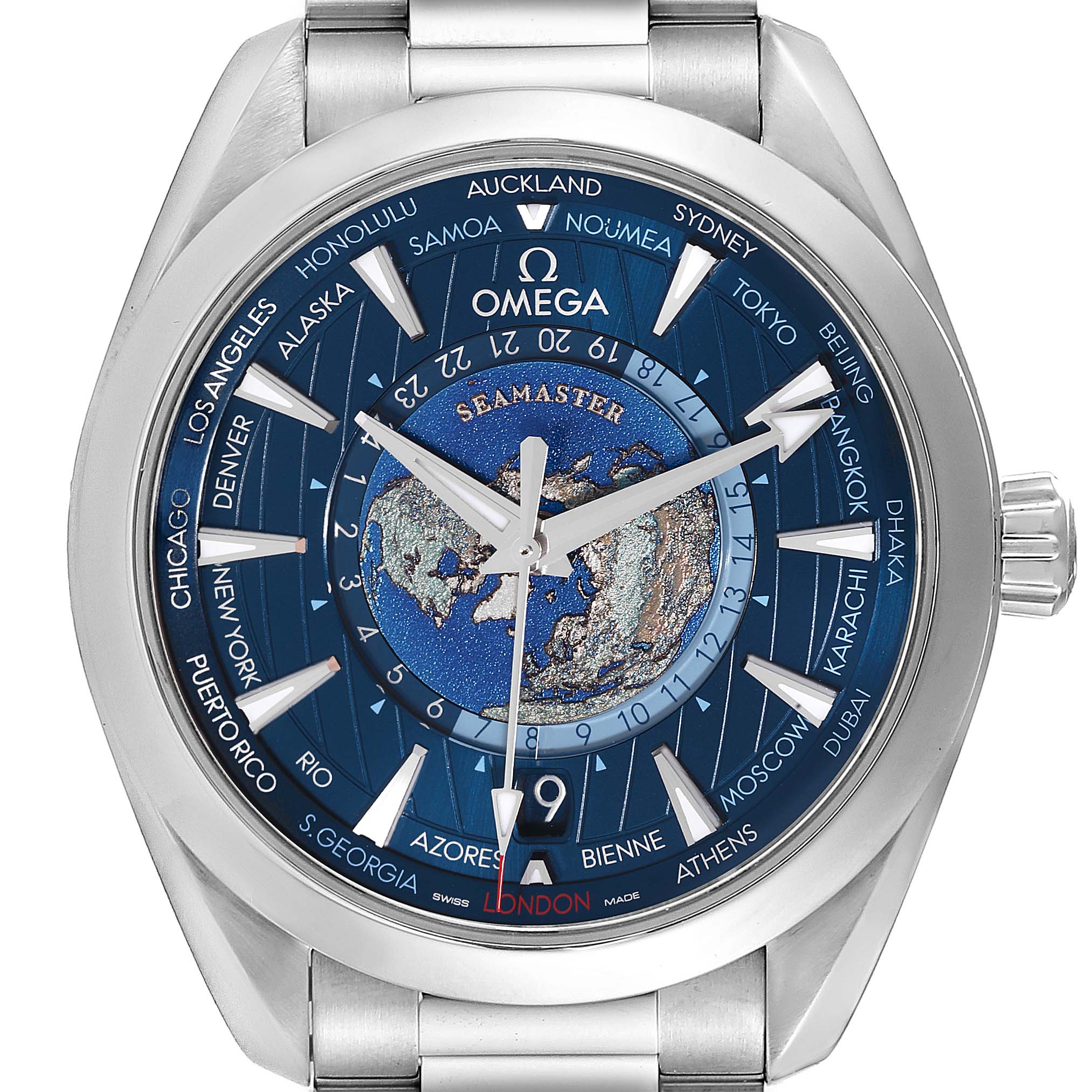 The image shows a front view of the Omega Aqua Terra 220.10.43.22.03.001 Men
s Stainless Steel Blue Dial 220.10.43.22.03.001 Men
s Stainless Steel Blue Dial Seamaster watch, highlighting its world timer dial and stainless steel bracelet.