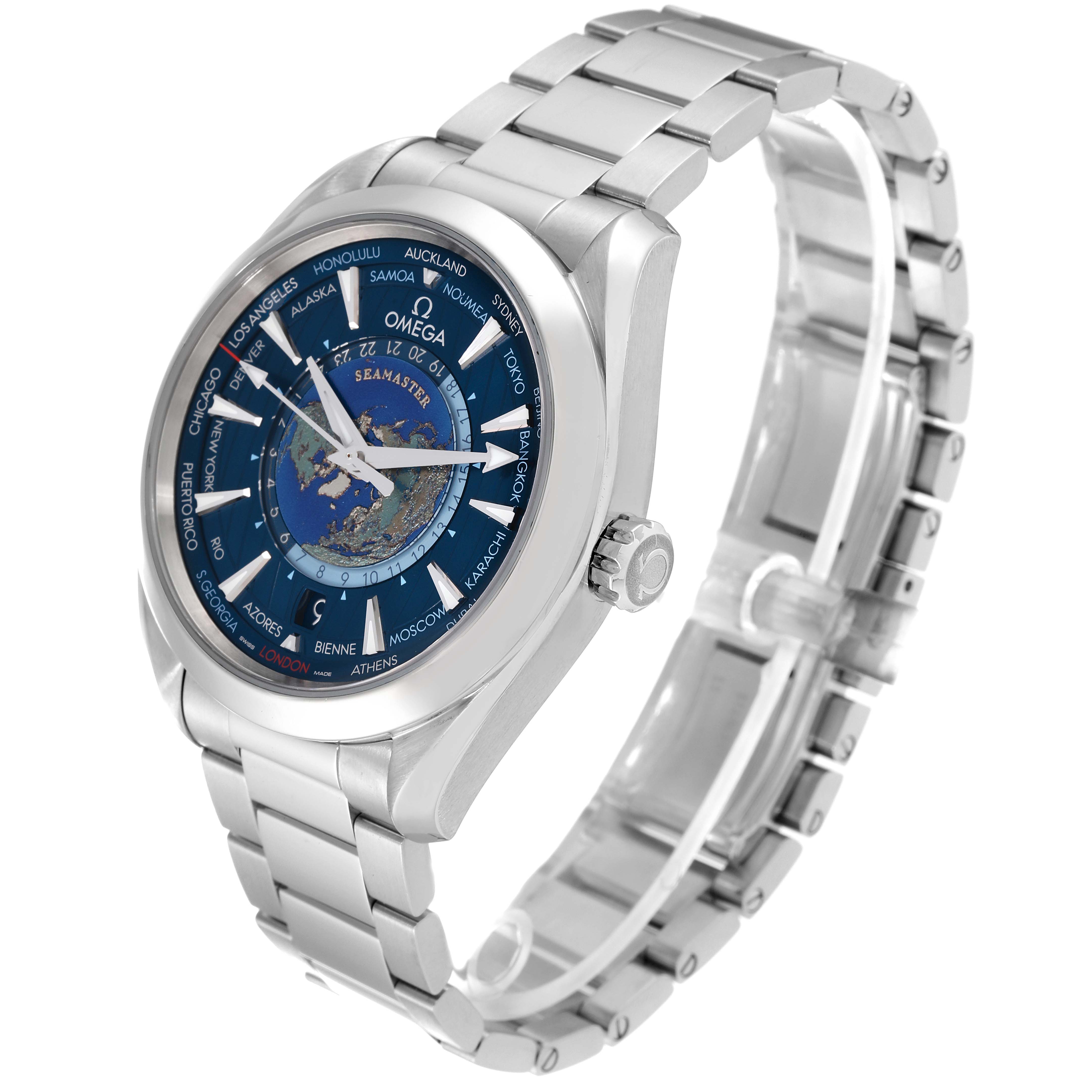 The Omega Aqua Terra 220.10.43.22.03.001 Men
s Stainless Steel Blue Dial 220.10.43.22.03.001 Men
s Stainless Steel Blue Dial watch is shown from a three-quarter angle, highlighting its face, dial, and metal bracelet.