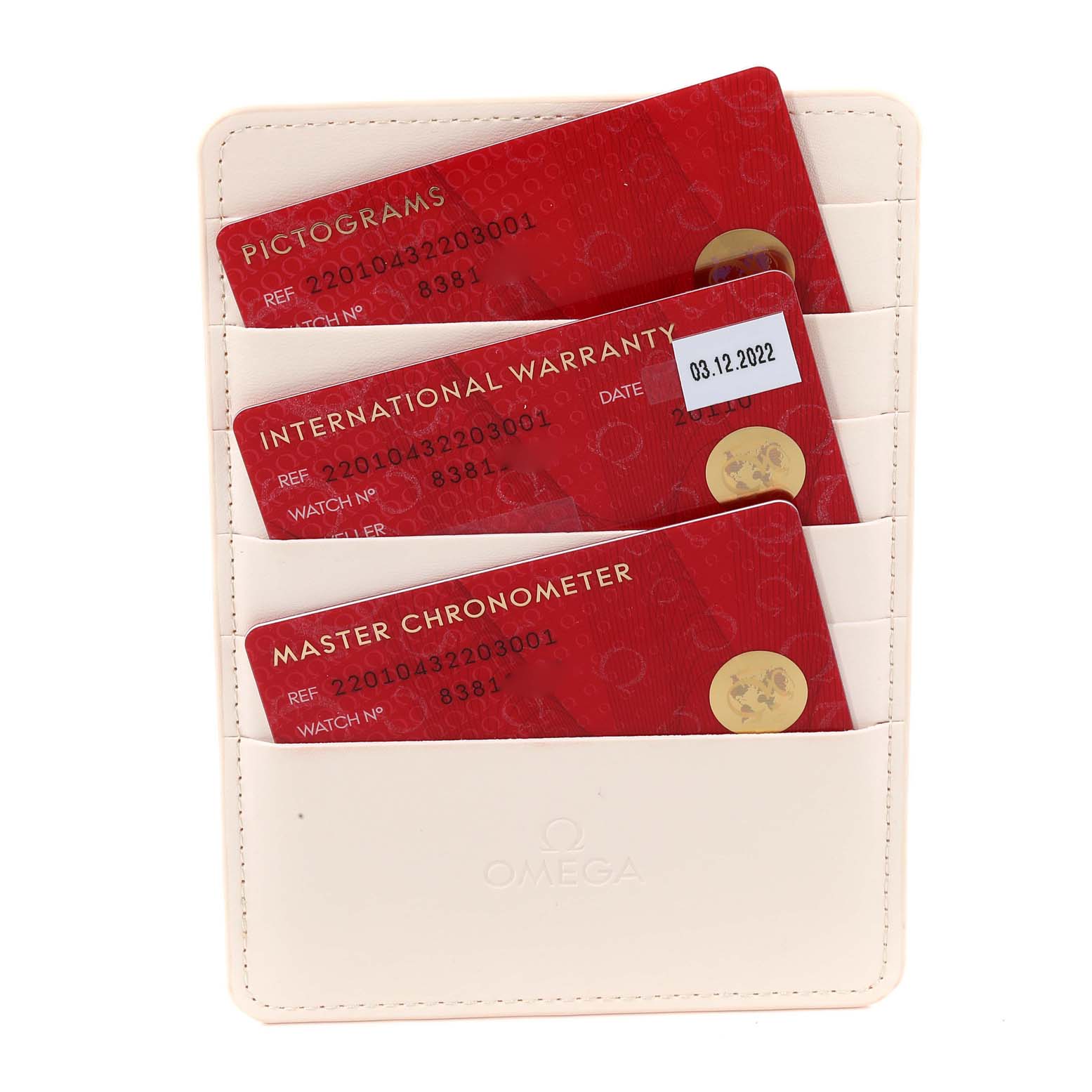 The image shows Omega Aqua Terra 220.10.43.22.03.001 Men
s Stainless Steel Blue Dial 220.10.43.22.03.001 Men
s Stainless Steel Blue Dial warranty and certification cards in a white card holder.