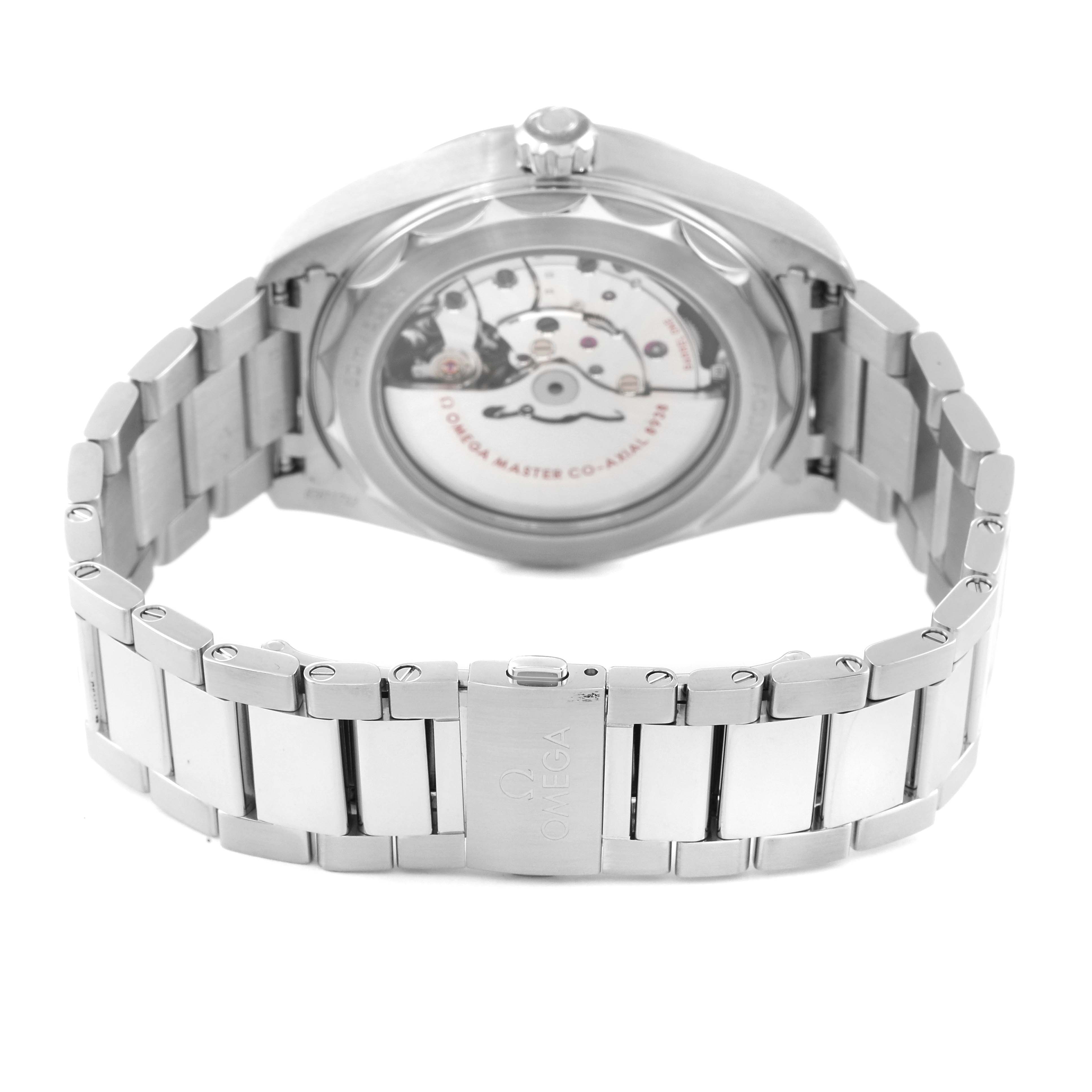 This image displays the back case and bracelet of an Omega Aqua Terra 220.10.43.22.03.001 Men
s Stainless Steel Blue Dial 220.10.43.22.03.001 Men
s Stainless Steel Blue Dial watch from a rear, slightly elevated angle.