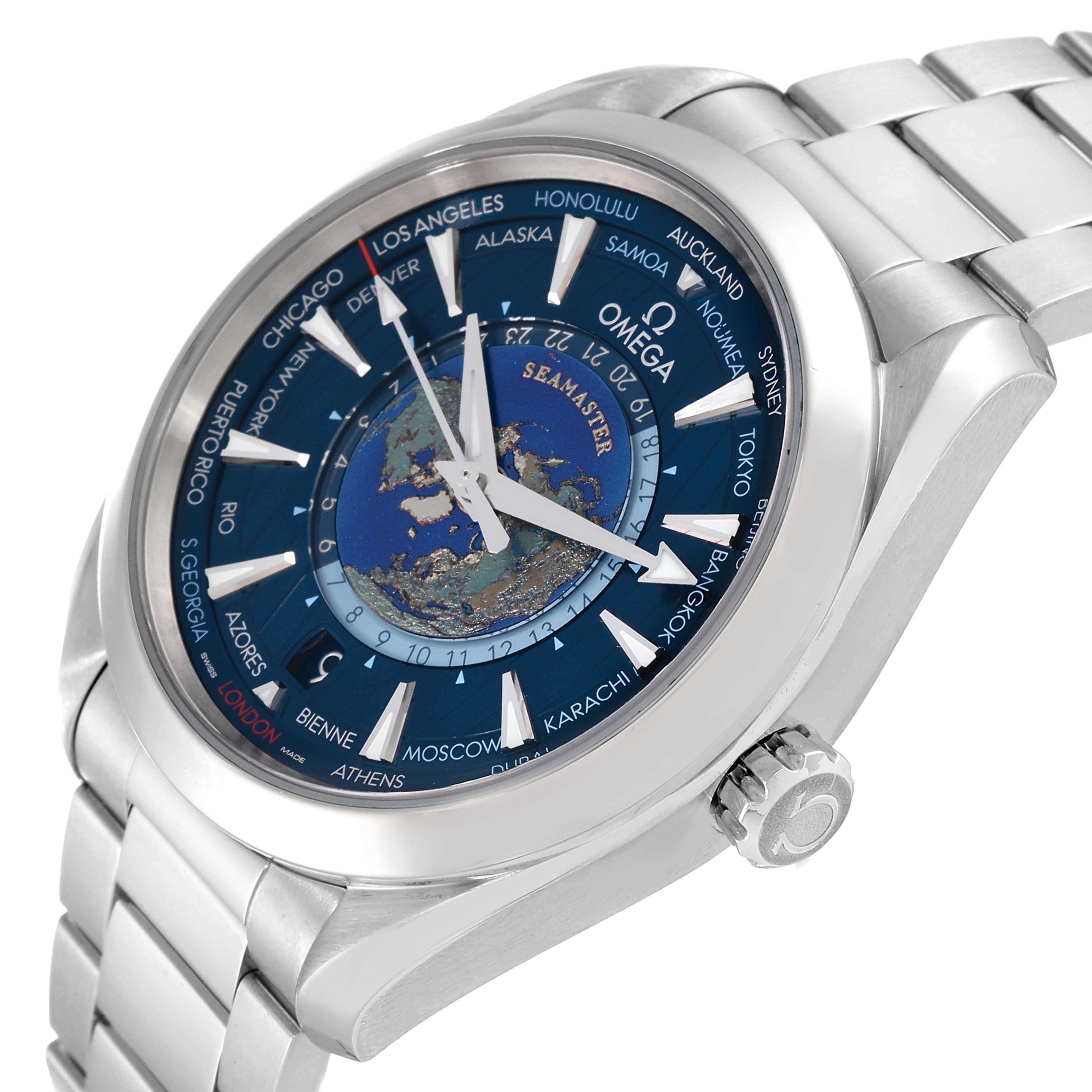 The image shows an Omega Aqua Terra 220.10.43.22.03.001 Men
s Stainless Steel Blue Dial 220.10.43.22.03.001 Men
s Stainless Steel Blue Dial watch from a slight side angle, highlighting its dial, bezel, and bracelet.