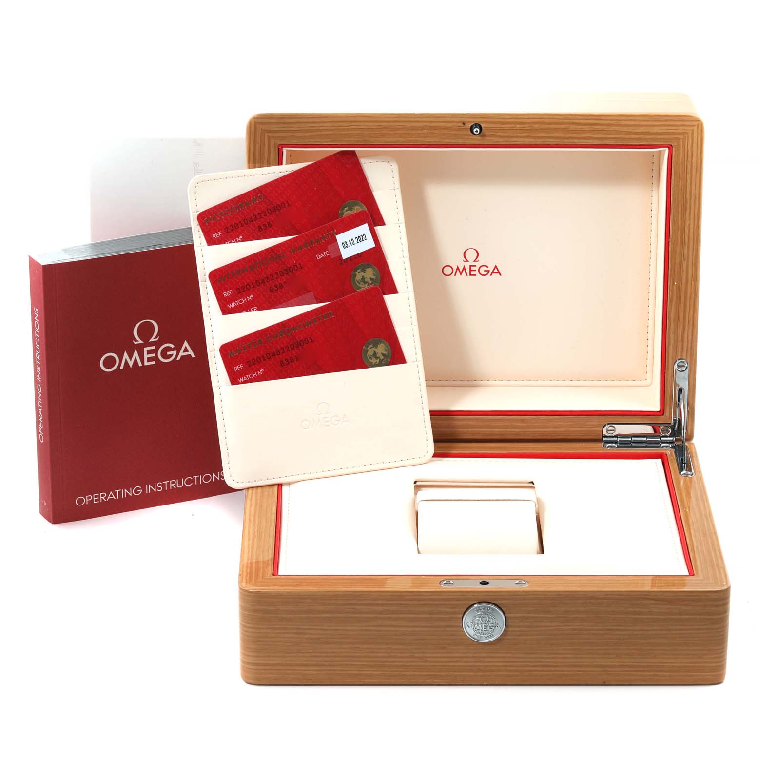 The image shows the packaging, warranty cards, and instruction manual for the Omega Aqua Terra 220.10.43.22.03.001 Men
s Stainless Steel Blue Dial 220.10.43.22.03.001 Men
s Stainless Steel Blue Dial watch model.