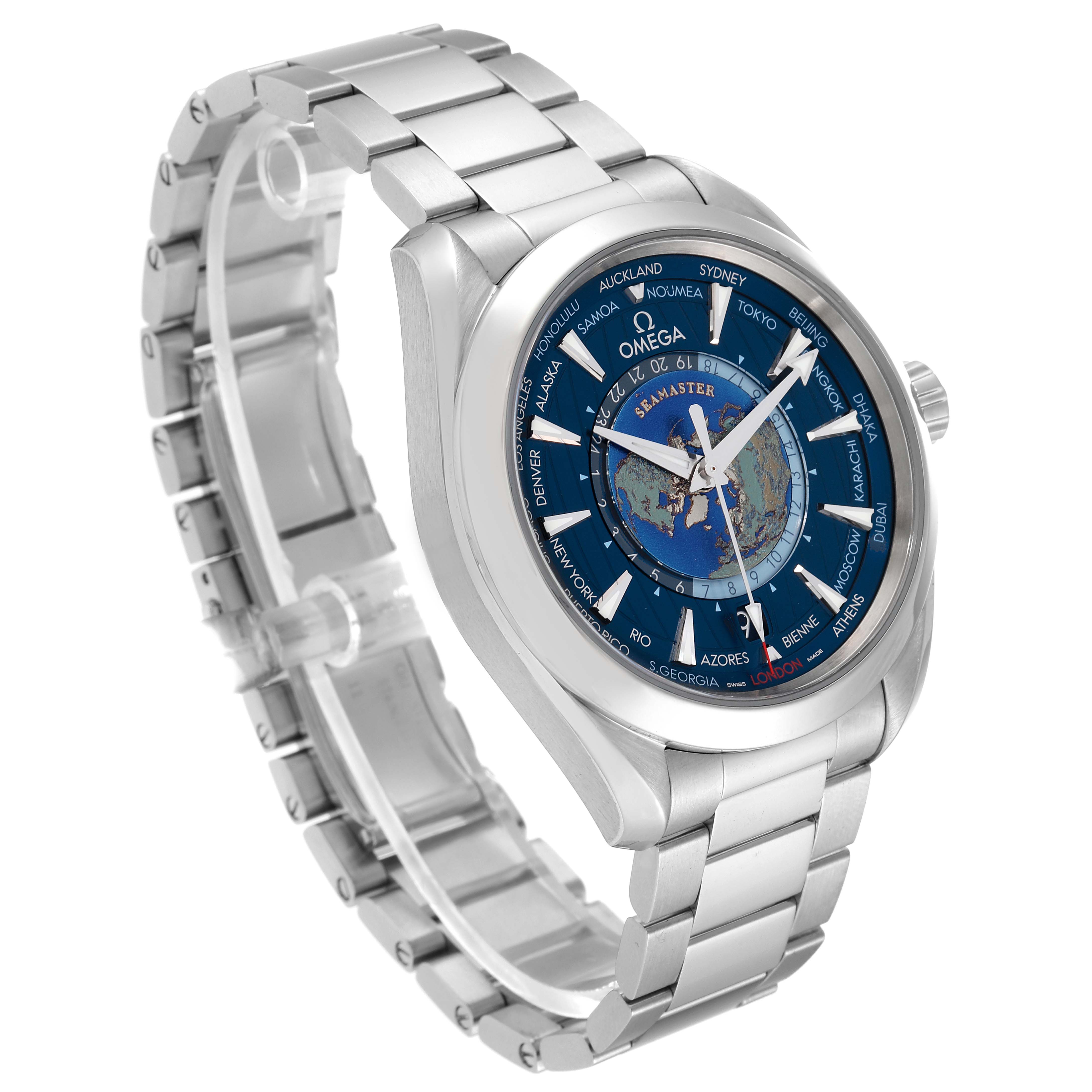 This image shows a side angle of an Omega Aqua Terra 220.10.43.22.03.001 Men
s Stainless Steel Blue Dial 220.10.43.22.03.001 Men
s Stainless Steel Blue Dial watch, highlighting its stainless steel bracelet and detailed blue dial.