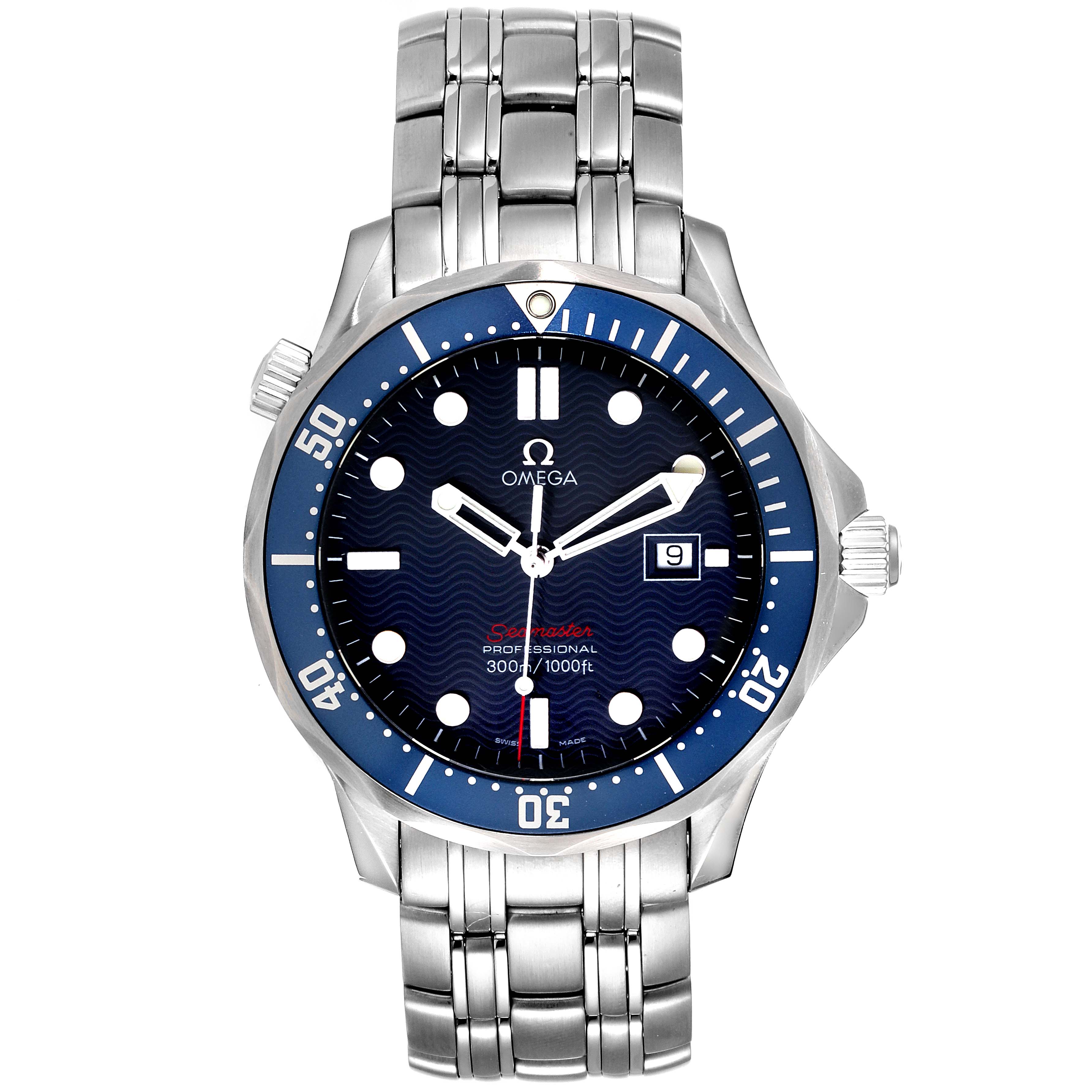 The image displays a front view of an Omega Seamaster 2221.80.00 Men's Stainless Steel Blue Dial 2221.80.00 Men's Stainless Steel Blue Dial watch, showcasing its dial, bezel, crown, and bracelet.