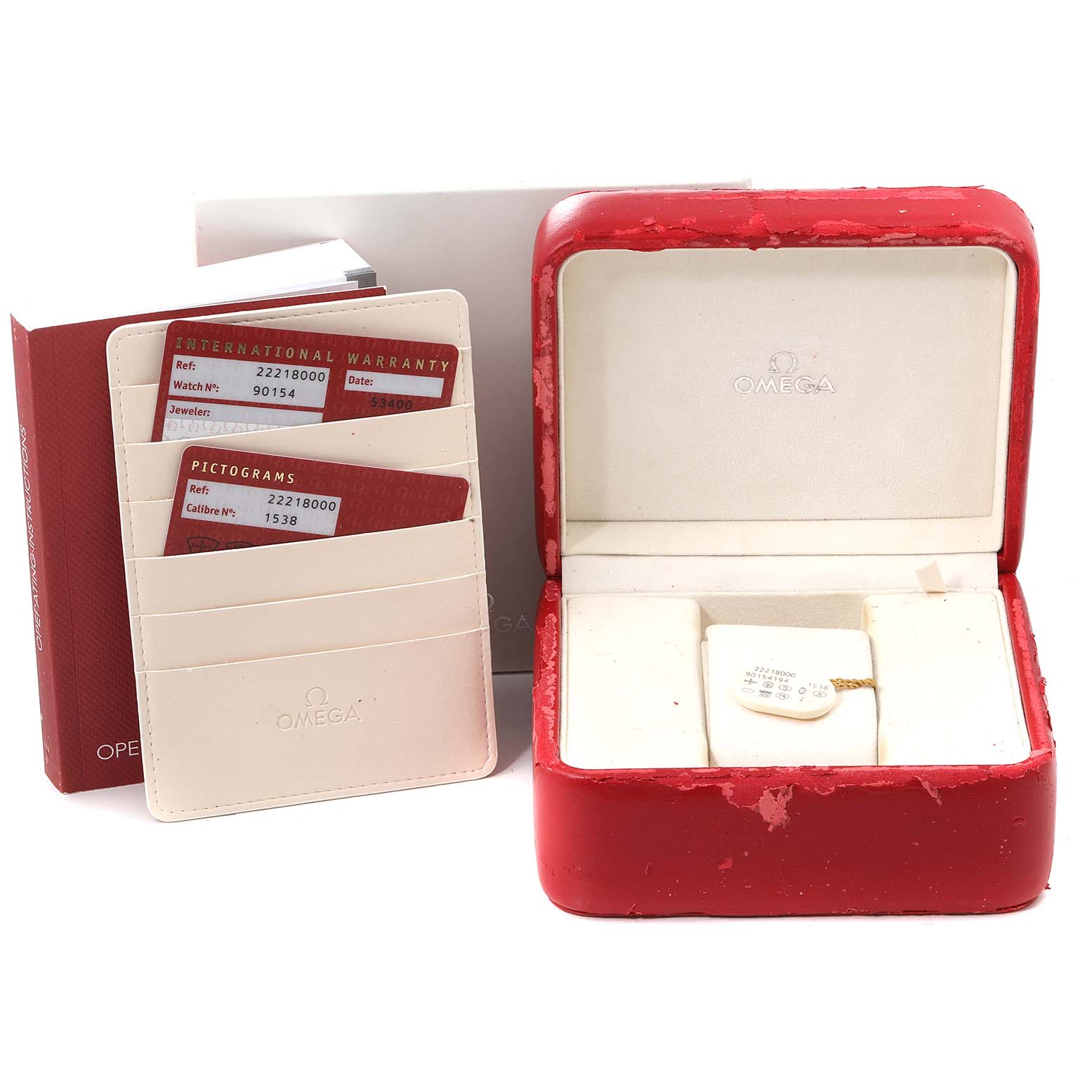 The image shows an Omega Seamaster 2221.80.00 Men's Stainless Steel Blue Dial 2221.80.00 Men's Stainless Steel Blue Dial watch's open box, warranty cards, and a cardholder from a front angle.