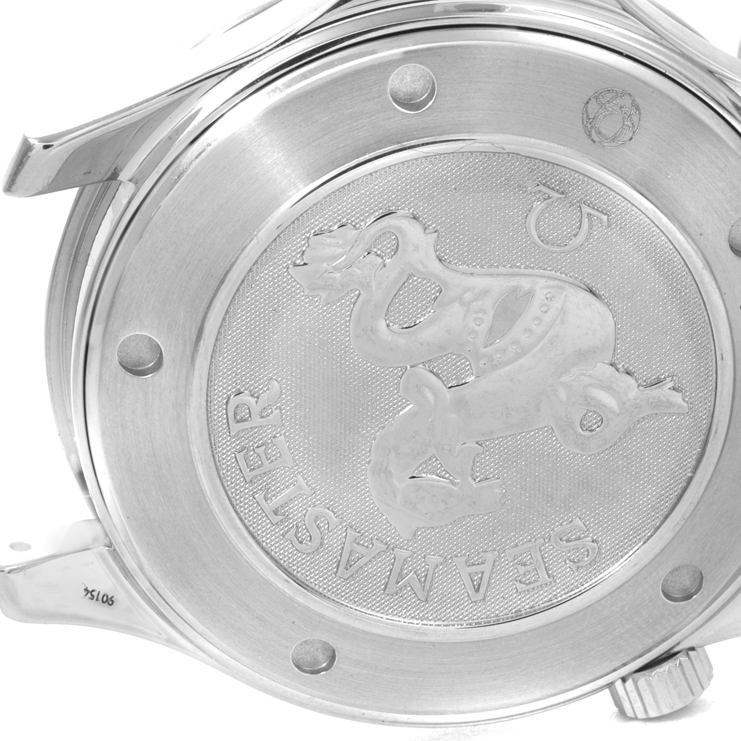 The image shows the caseback of an Omega Seamaster 2221.80.00 Men's Stainless Steel Blue Dial 2221.80.00 Men's Stainless Steel Blue Dial watch, featuring the engraved Seamaster emblem and text.