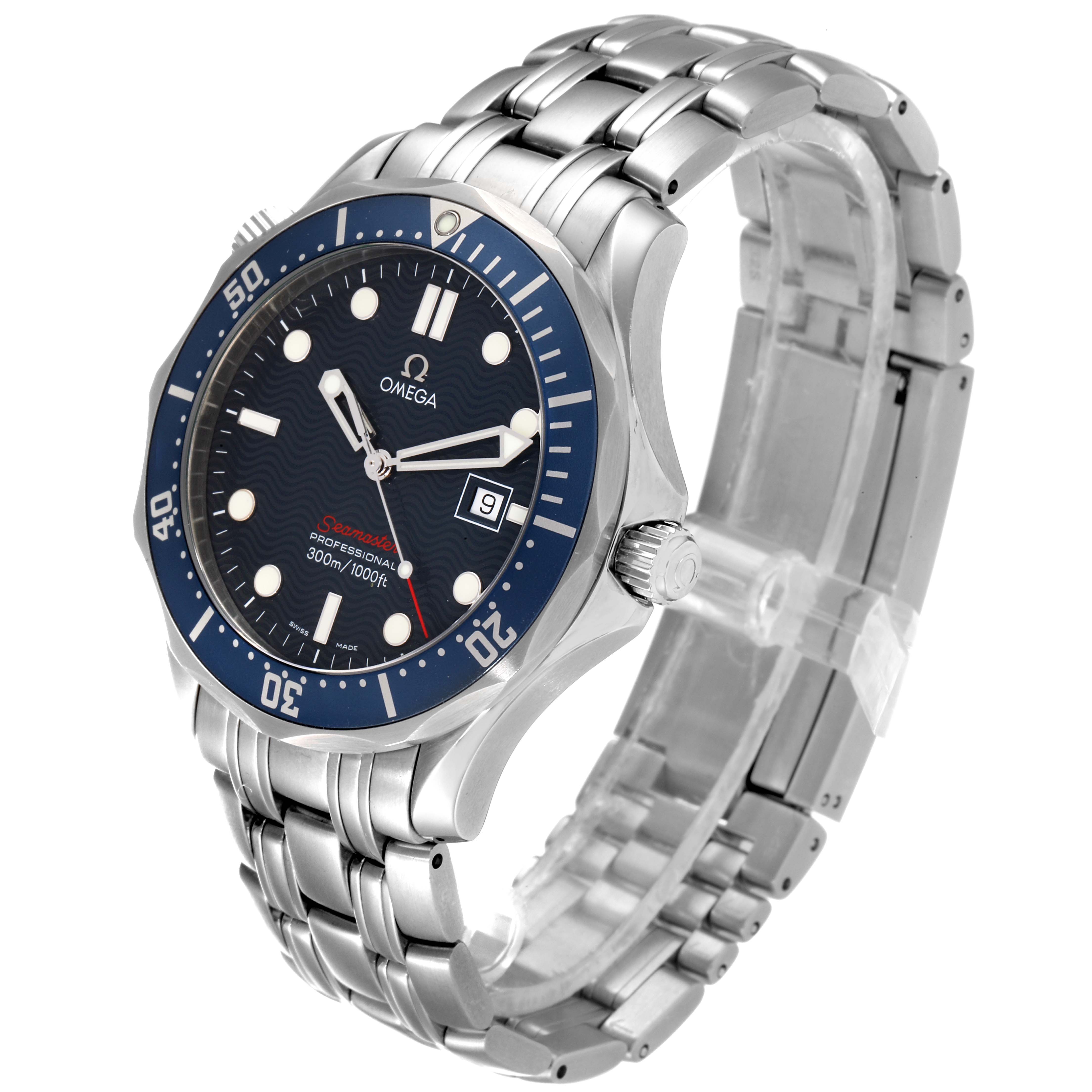 The Omega Seamaster 2221.80.00 Men's Stainless Steel Blue Dial 2221.80.00 Men's Stainless Steel Blue Dial watch is shown from a three-quarter angle, highlighting the dial, bezel, crown, and metal bracelet.