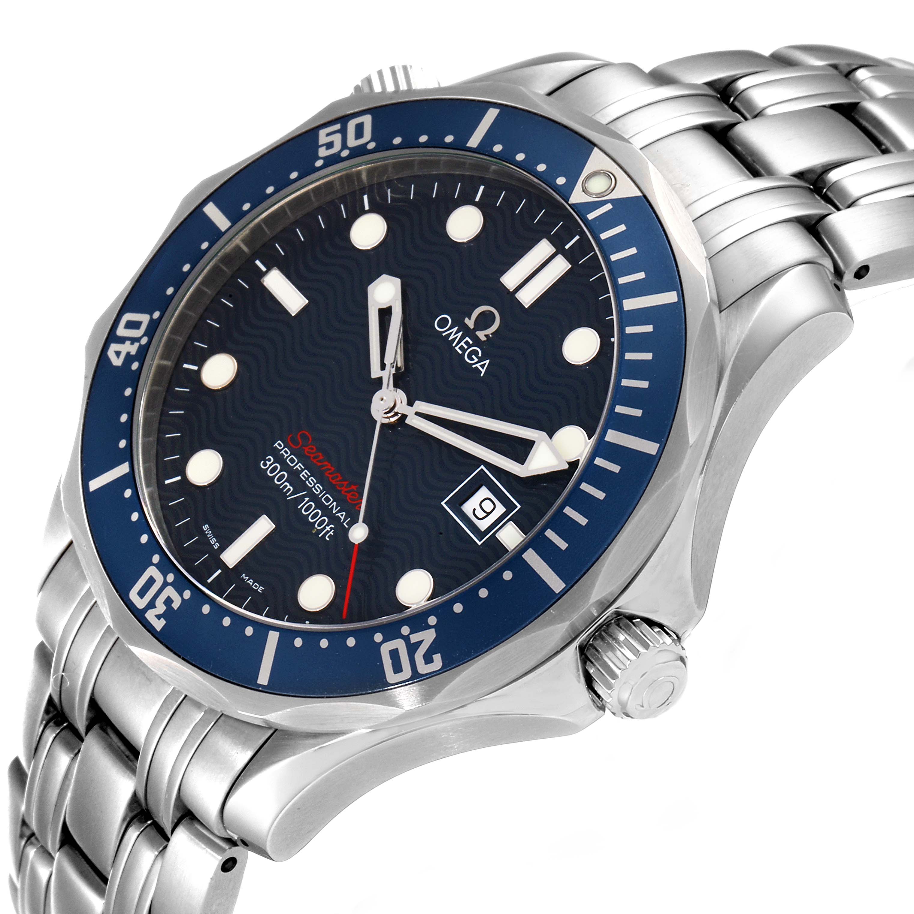 The Omega Seamaster 2221.80.00 Men's Stainless Steel Blue Dial 2221.80.00 Men's Stainless Steel Blue Dial watch is shown at a slight angle, highlighting its blue dial, bezel, and stainless steel bracelet.
