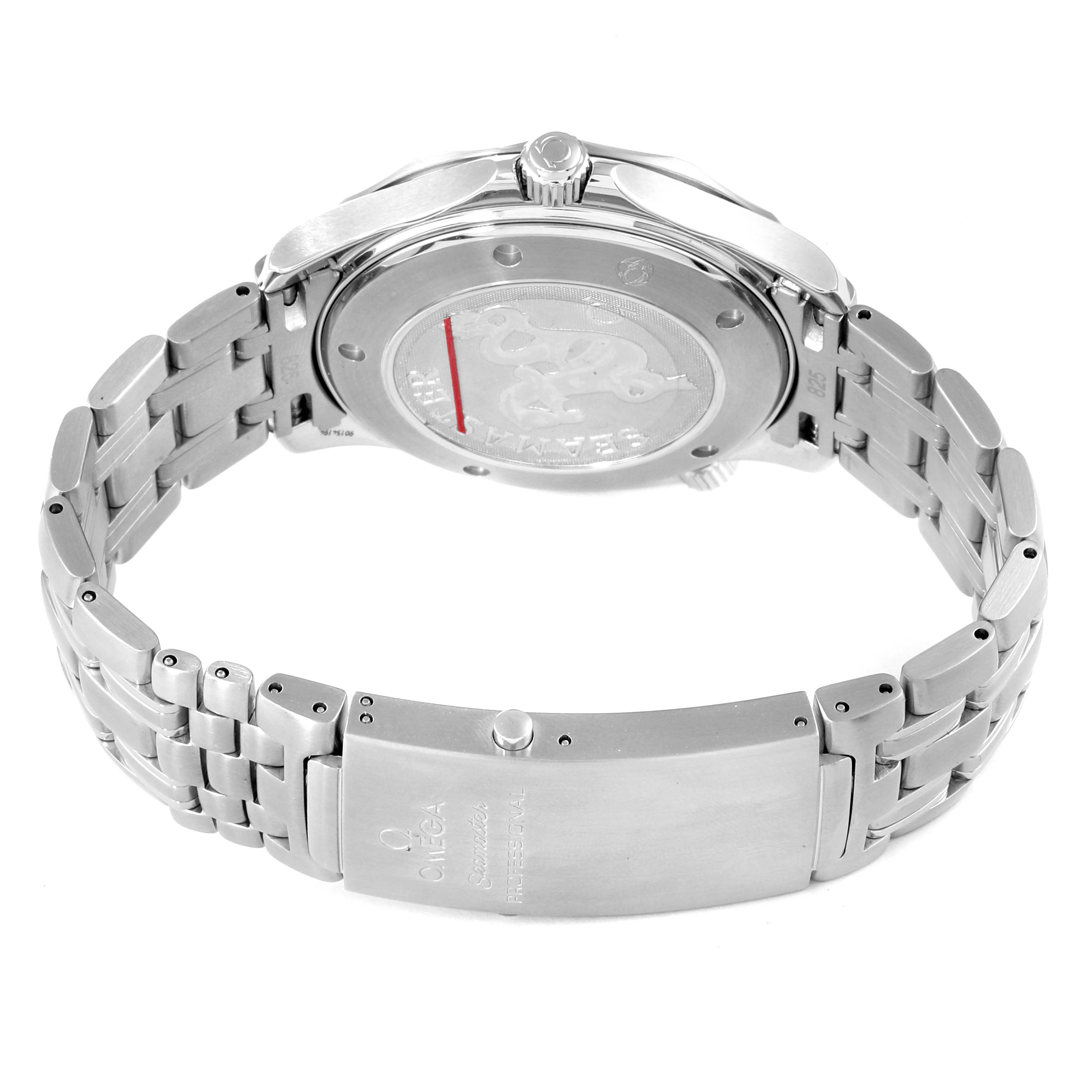 The image shows the back of an Omega Seamaster 2221.80.00 Men's Stainless Steel Blue Dial 2221.80.00 Men's Stainless Steel Blue Dial watch, featuring the case back, crown, and stainless steel bracelet with the clasp visible.