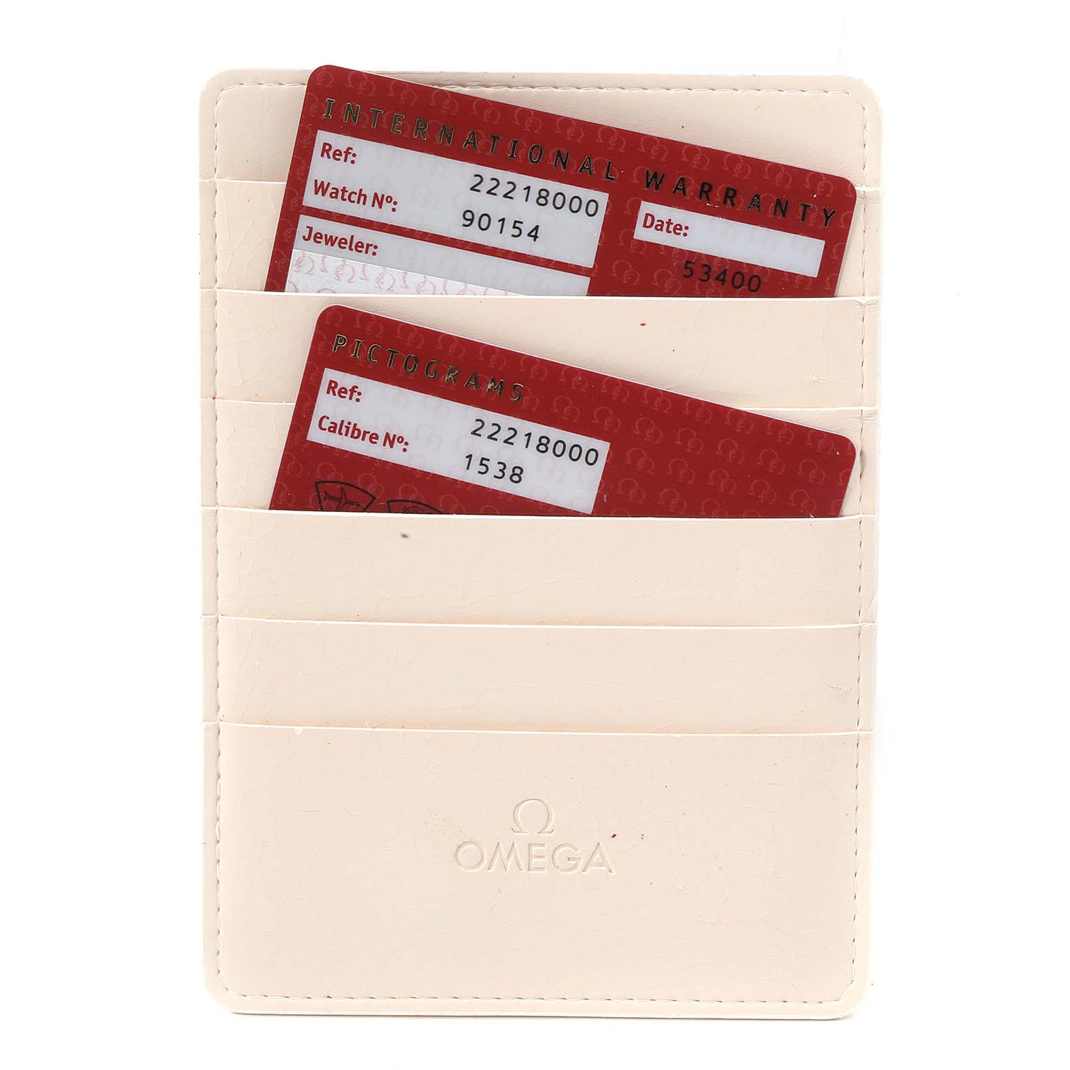 The image shows Omega Seamaster 2221.80.00 Men's Stainless Steel Blue Dial 2221.80.00 Men's Stainless Steel Blue Dial cards in a beige cardholder, displaying warranty and pictogram details.