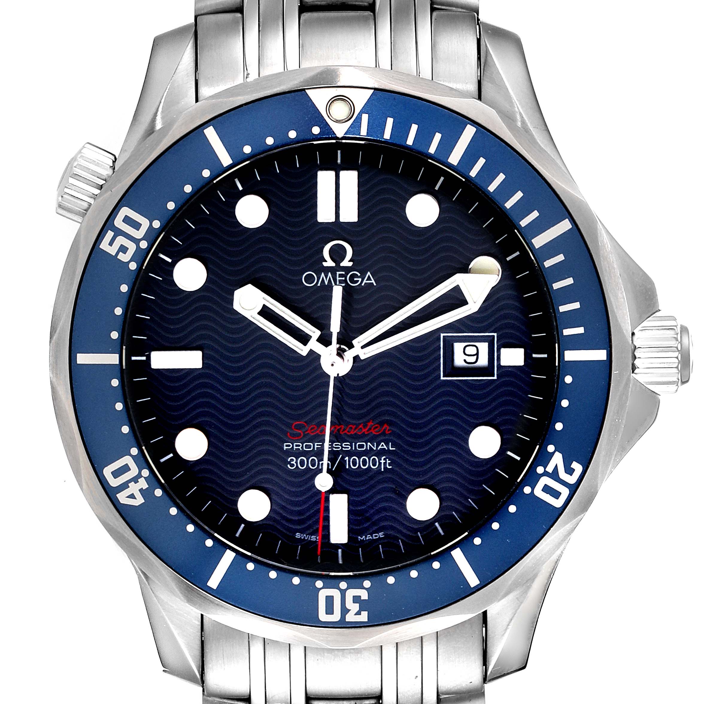 The image shows a front view of the Omega Seamaster 2221.80.00 Men's Stainless Steel Blue Dial 2221.80.00 Men's Stainless Steel Blue Dial watch, highlighting its dial, hands, bezel, and date display.