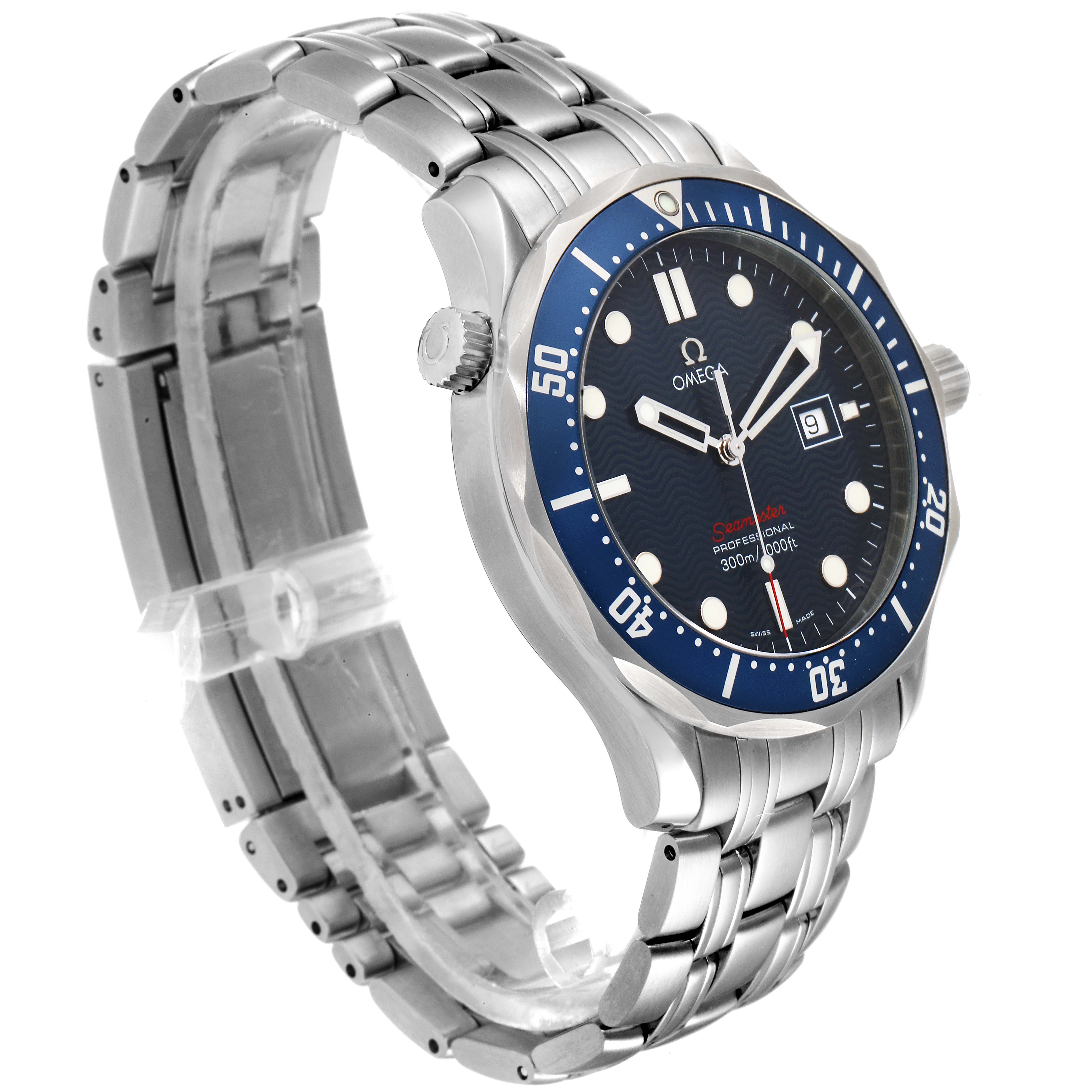 The Omega Seamaster 2221.80.00 Men's Stainless Steel Blue Dial 2221.80.00 Men's Stainless Steel Blue Dial watch is shown at a three-quarter angle, displaying the bracelet, case, bezel, and part of the dial.