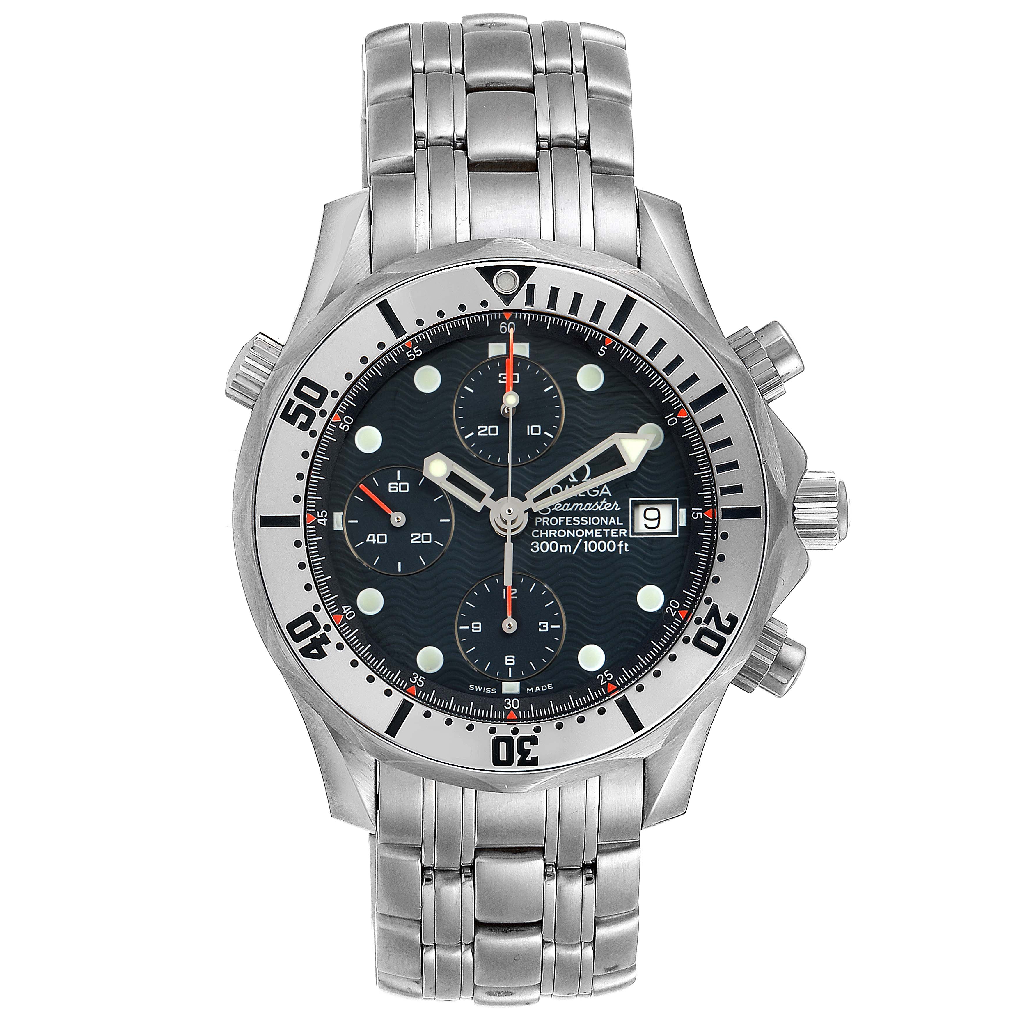 The image shows a front view of the Omega Seamaster 2598.80.00 Men
s Stainless Steel Blue Dial 2598.80.00 Men
s Stainless Steel Blue Dial watch, featuring a stainless steel bracelet and analog chronograph dial.