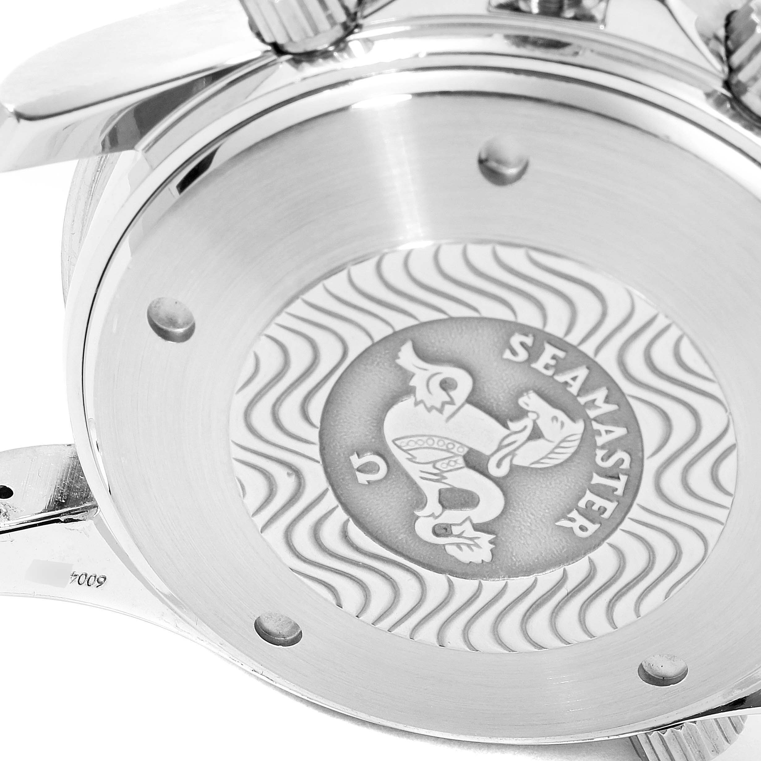 The image shows the case back of an Omega Seamaster 2598.80.00 Men
s Stainless Steel Blue Dial 2598.80.00 Men
s Stainless Steel Blue Dial watch, highlighting the engraved logo and design.