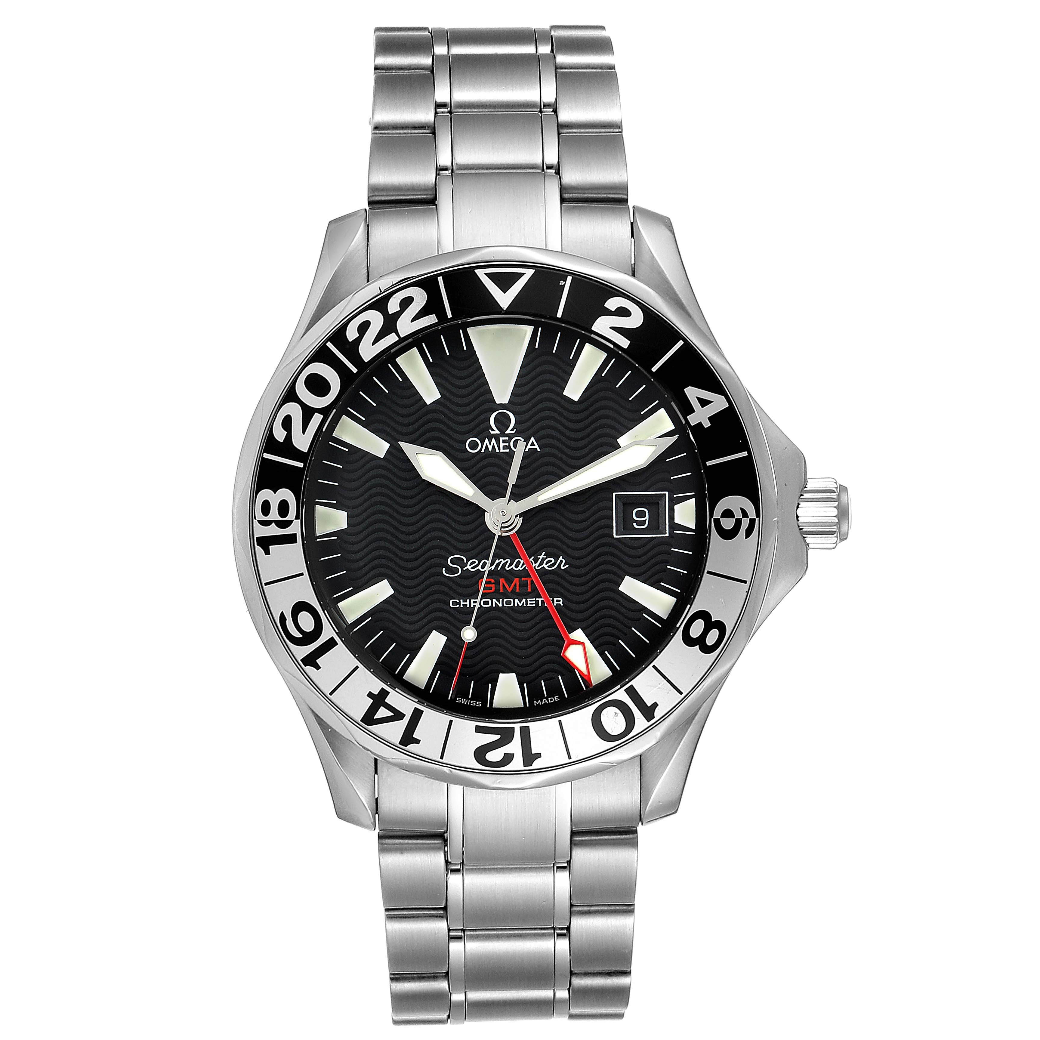 The image shows a front view of the Omega Seamaster 2536.50.00 Men's Stainless Steel Black Dial 2536.50.00 Men's Stainless Steel Black Dial watch with a metal bracelet and a black dial.