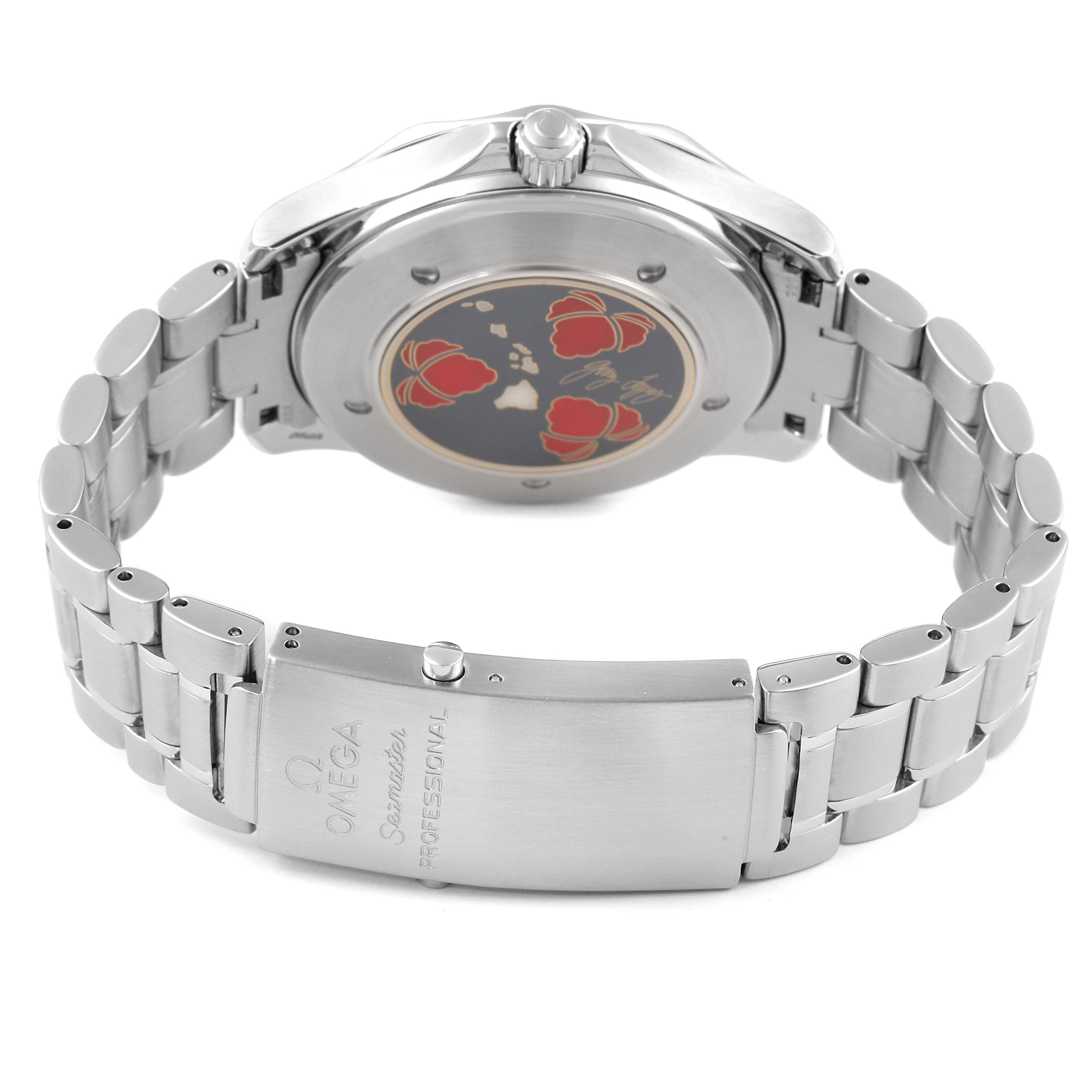 The image shows the case back and bracelet clasp of an Omega Seamaster 2536.50.00 Men's Stainless Steel Black Dial 2536.50.00 Men's Stainless Steel Black Dial watch.