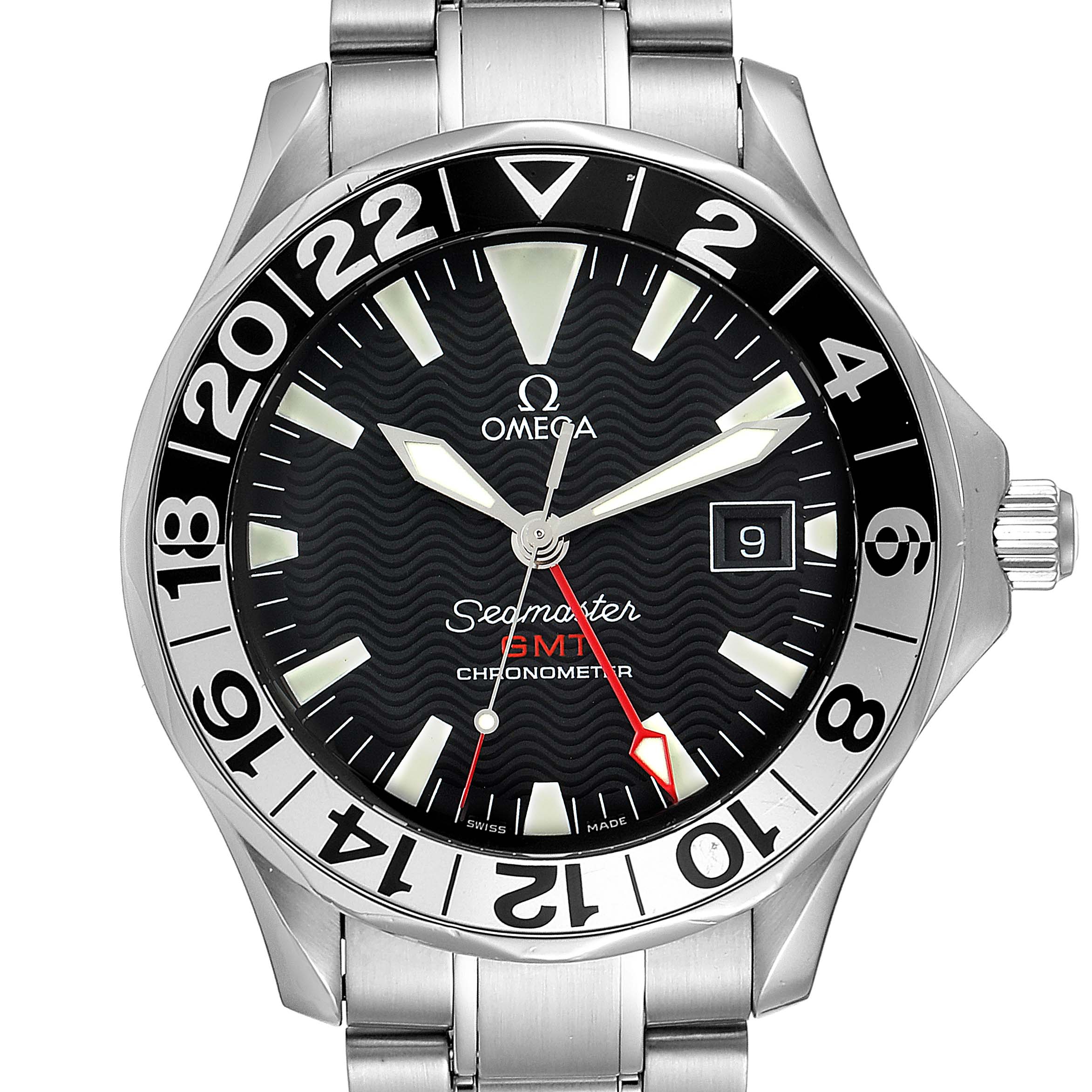 The image shows a front view of the Omega Seamaster 2536.50.00 Men's Stainless Steel Black Dial 2536.50.00 Men's Stainless Steel Black Dial GMT Chronometer watch, displaying the dial, bezel, and part of the bracelet.