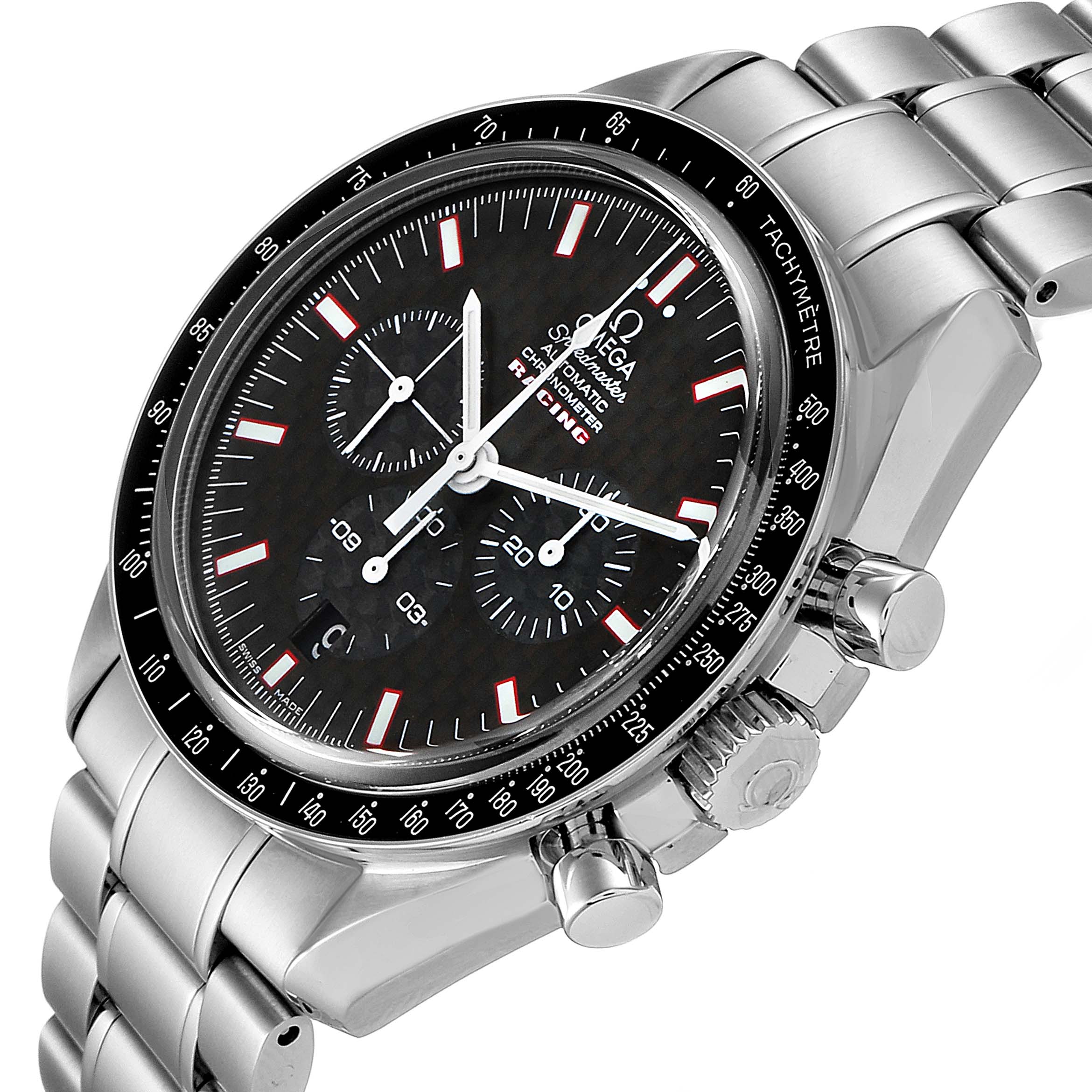 The image shows an Omega Speedmaster 3552.59.00 Men
s Stainless Steel Black Dial 3552.59.00 Men
s Stainless Steel Black Dial watch at an angle displaying its face, bezel, crown, and part of its metal bracelet.