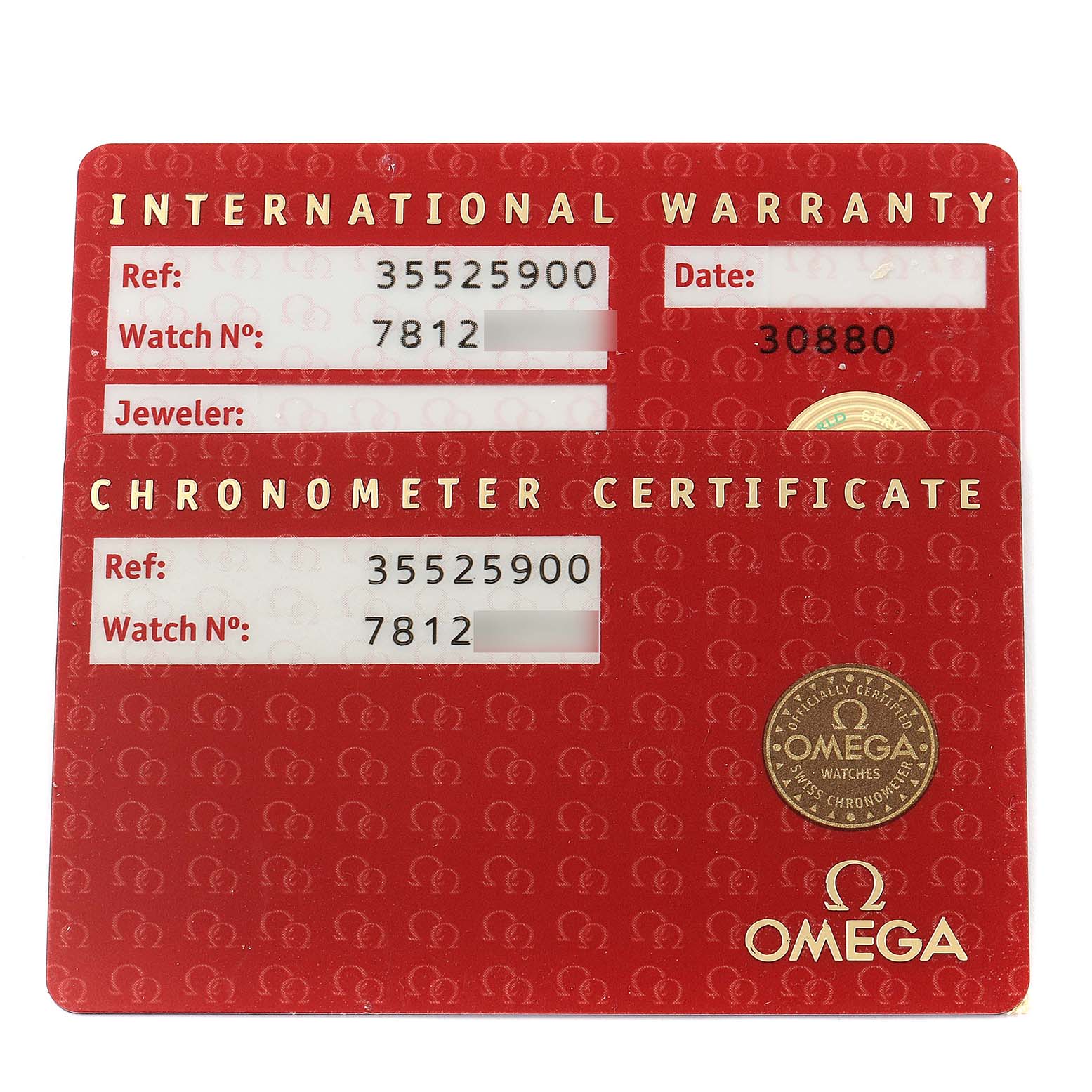 The image shows the warranty and chronometer certificate cards for an Omega Speedmaster 3552.59.00 Men
s Stainless Steel Black Dial 3552.59.00 Men
s Stainless Steel Black Dial watch, angled from the top.