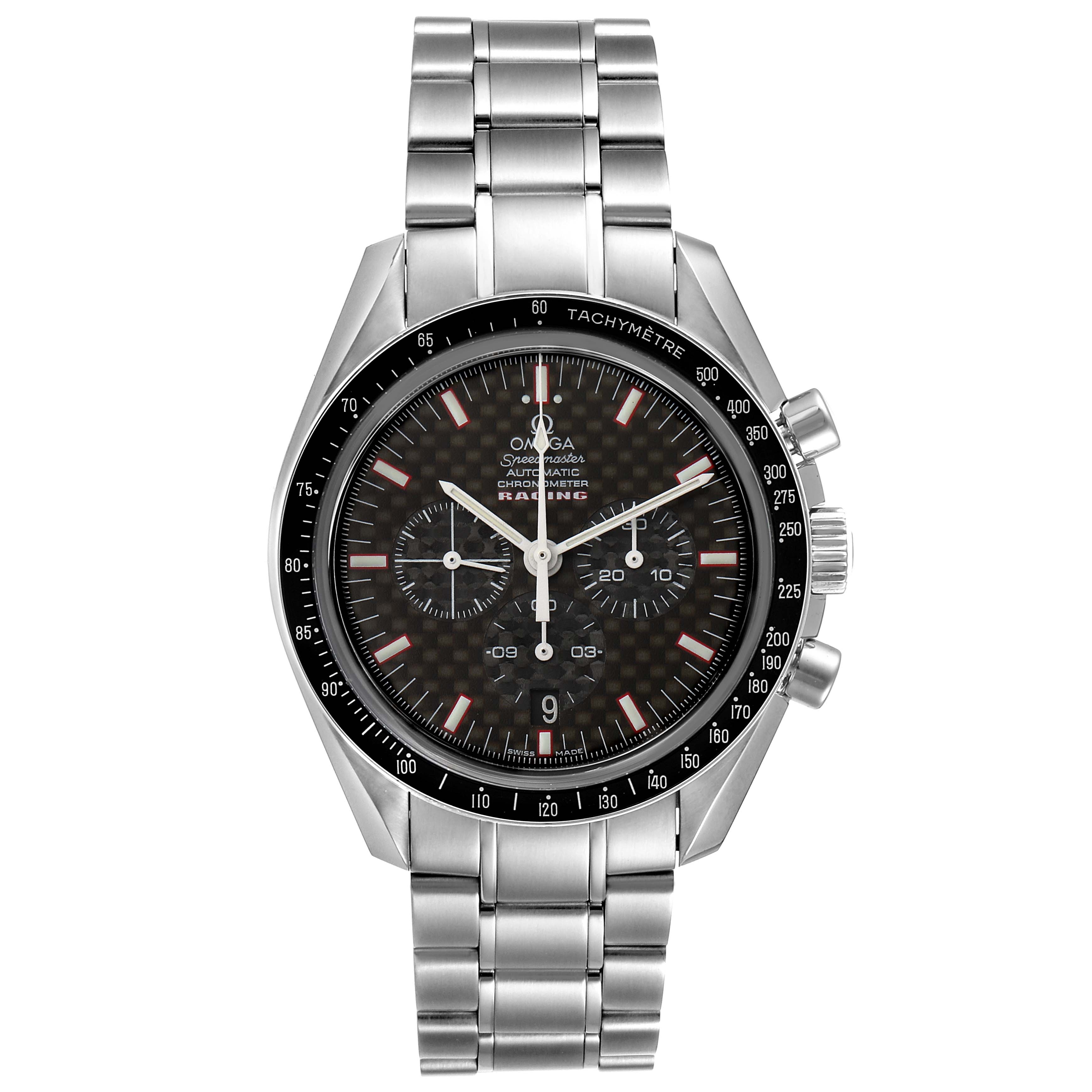 This image shows a frontal view of the Omega Speedmaster 3552.59.00 Men
s Stainless Steel Black Dial 3552.59.00 Men
s Stainless Steel Black Dial watch, highlighting the dial, bezel, and bracelet.