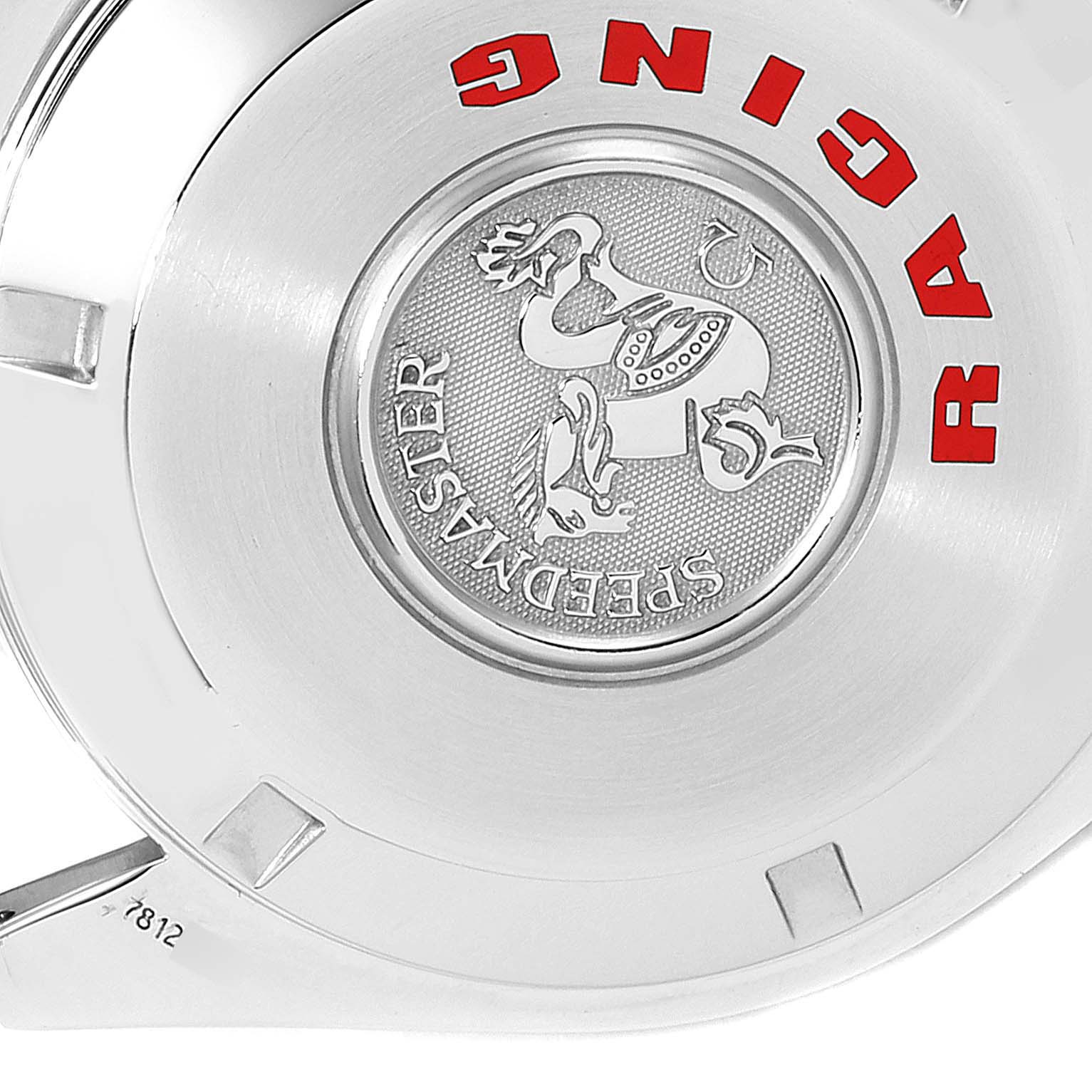 The image shows the back case of an Omega Speedmaster 3552.59.00 Men
s Stainless Steel Black Dial 3552.59.00 Men
s Stainless Steel Black Dial watch, featuring an engraved emblem and "RACING" in red letters.