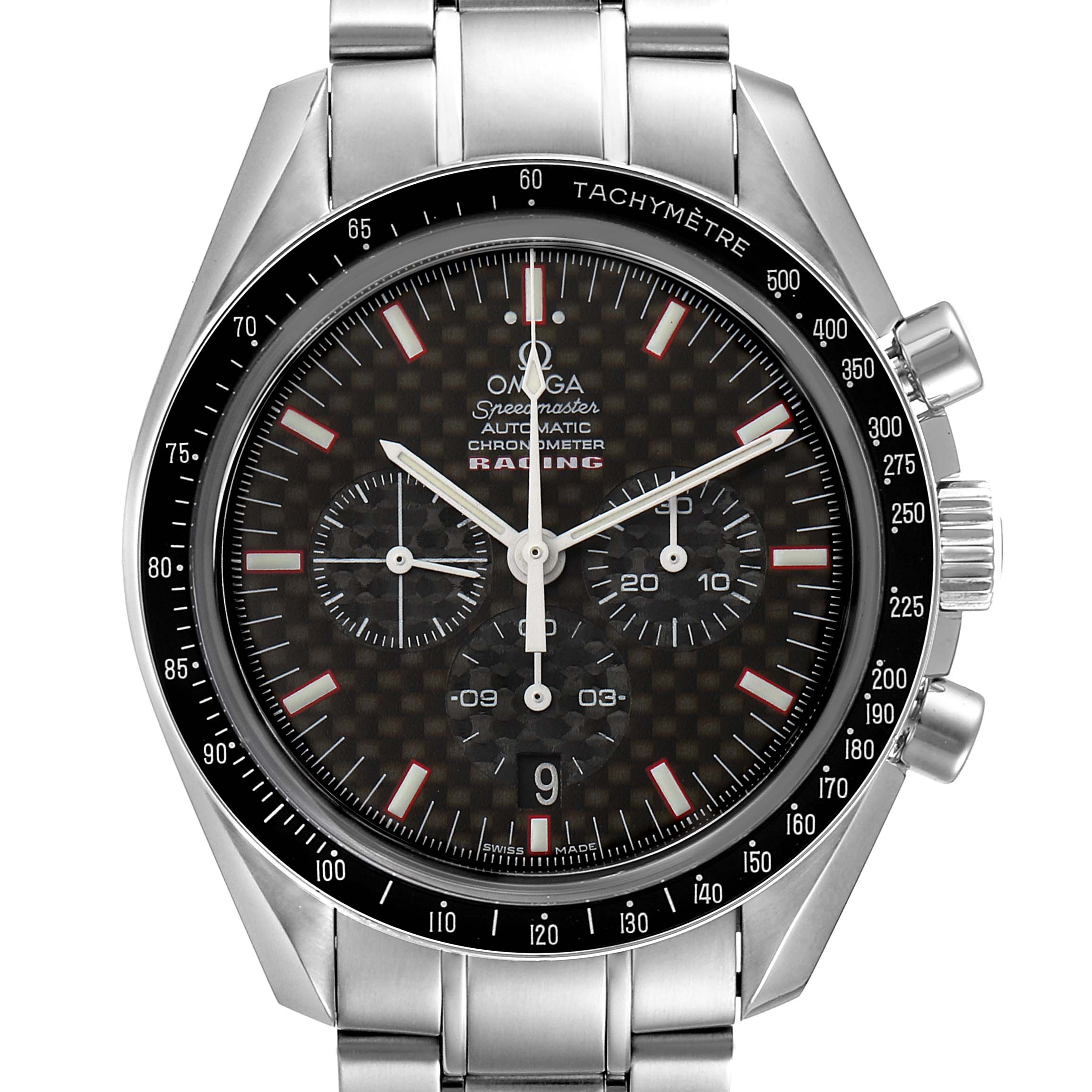 The Omega Speedmaster 3552.59.00 Men
s Stainless Steel Black Dial 3552.59.00 Men
s Stainless Steel Black Dial watch is shown from a front angle, highlighting its dial, subdials, tachymeter bezel, and stainless steel bracelet.